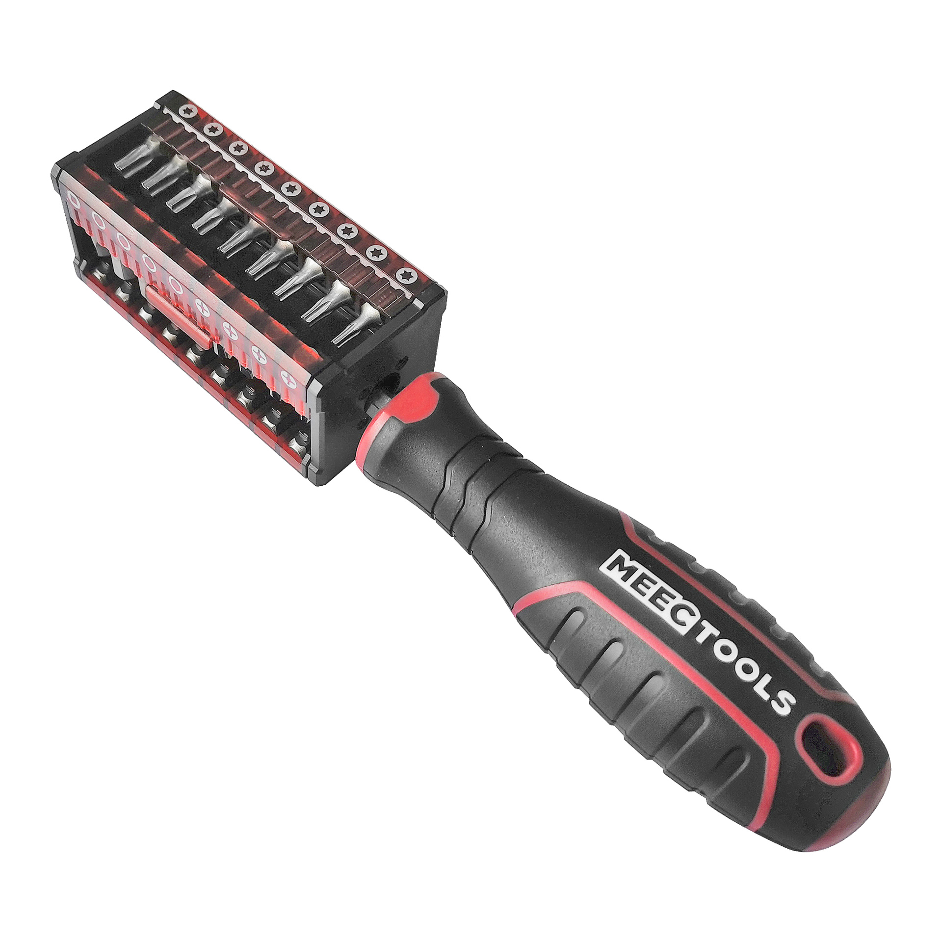 Ett 37-delat svart och rött Meec Tools-skruvmejselset med avtagbart handtag, integrerad bitshållare och flera skruvmejselbitar arrangerade i prydliga rader.