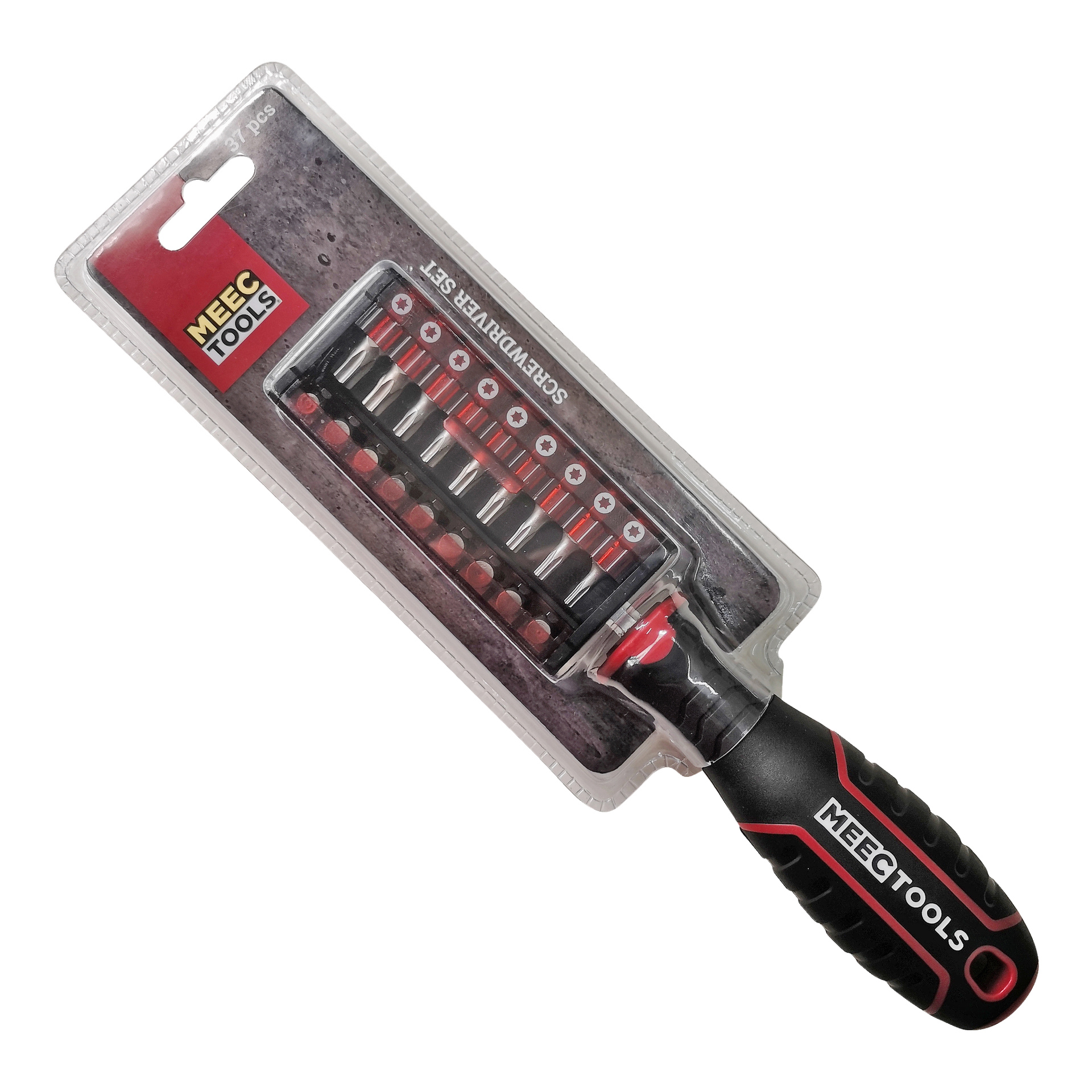 Ett 37-delat Meec Tools Screwdriver Set i förpackningen, med ett svart och rött handtag samt en samling delar organiserade i ett genomskinligt plastfodral märkt med produktnamnet.
