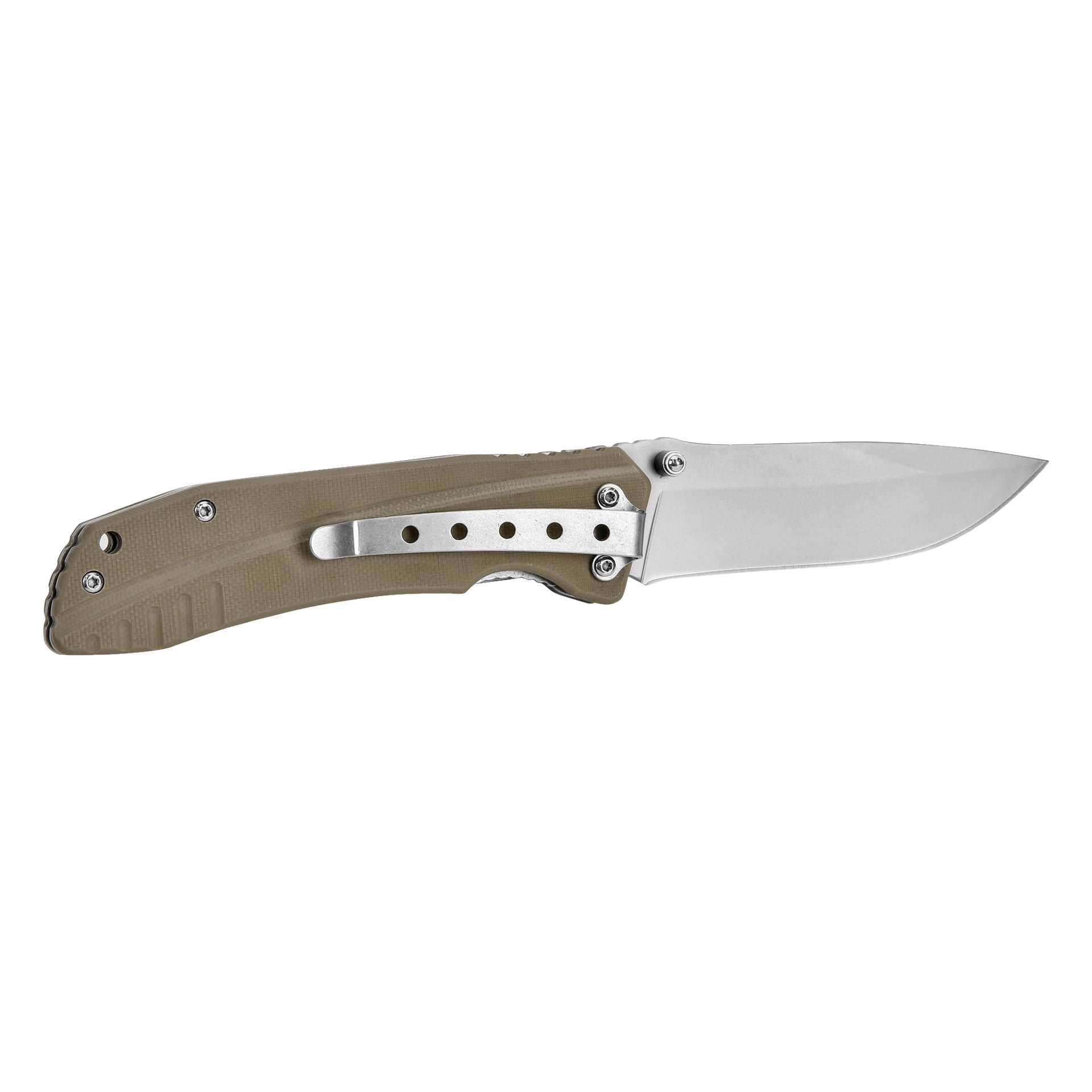 En Kayoba Outdoor jackkniv med silverfärgad metallblad, beige handtag och metallfickklämma, visad stängd.