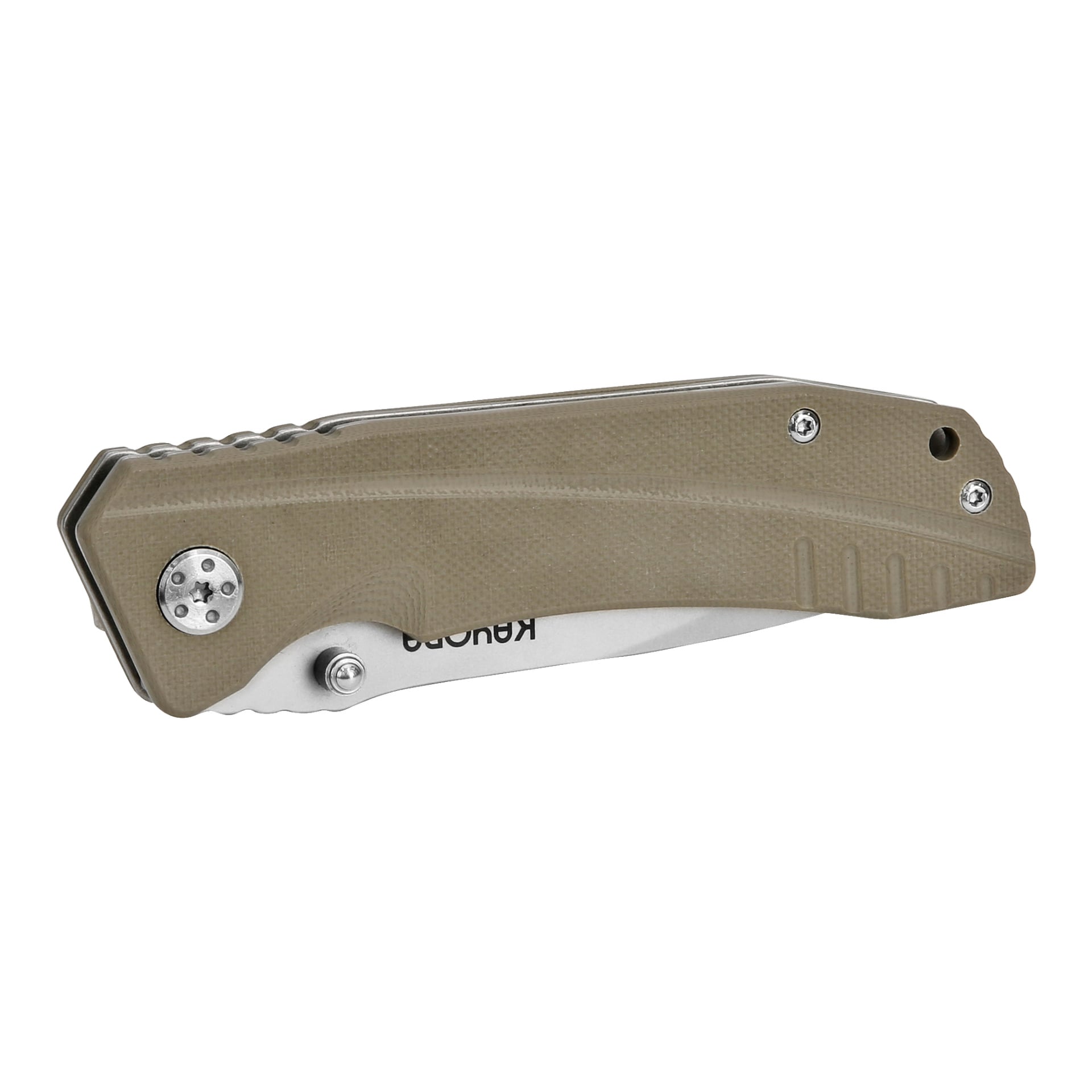 Kayoba Outdoor Jack knife verkar stängd, vilket framhäver dess beige handtag med synliga skruvar och ett blad som är delvis exponerat.