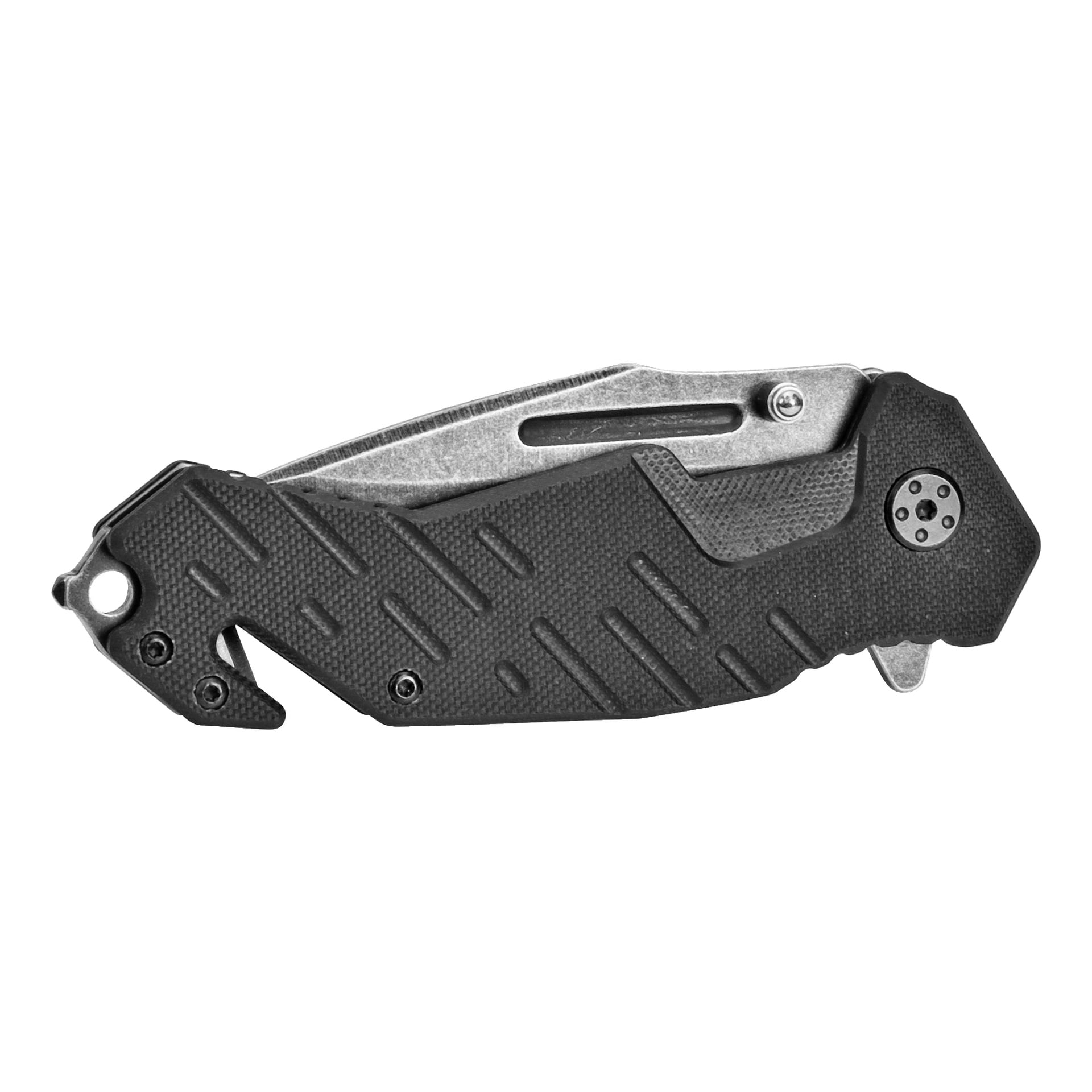 En stängd Kayoba Outdoor Jackkniv med svart texturerat handtag, dess metallblad delvis synligt och utrustat med en tumstuds, samt en inbyggd säkerhetsbältesskärare i handtagets ände.