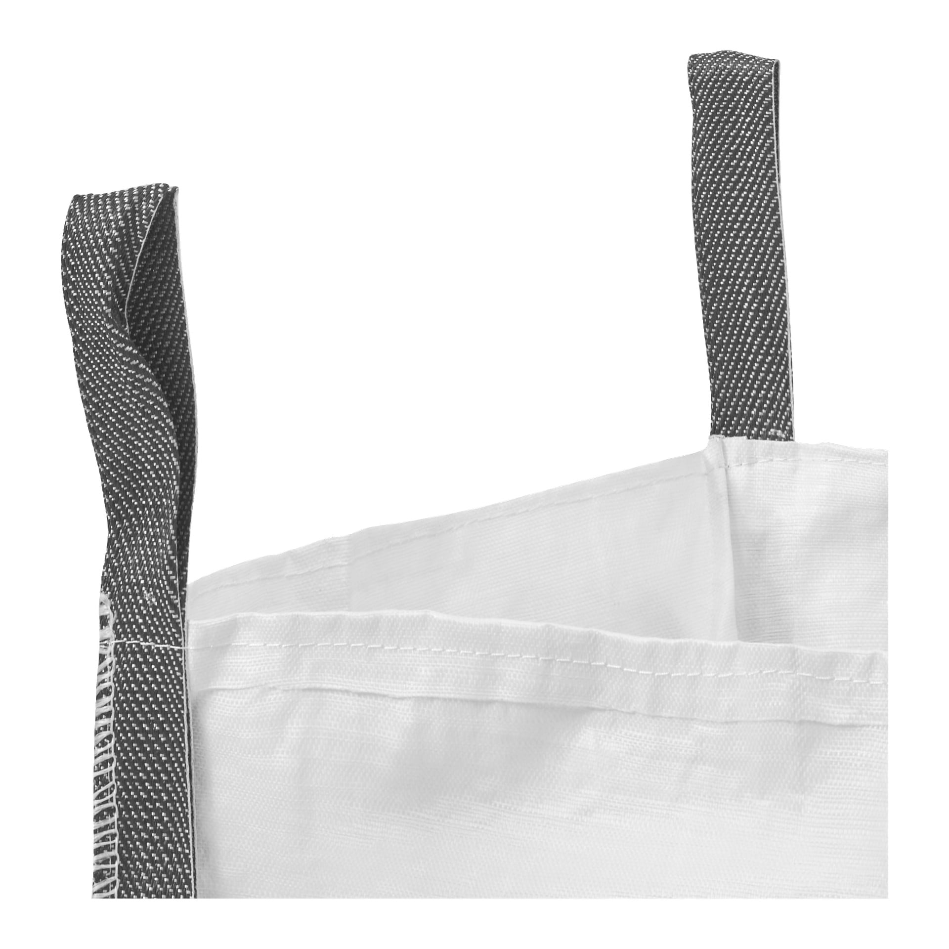 Närbild på det övre hörnet av en Hard Head Builders-väska gjord av vitt tyg, som visar två texturerade handtag i svart och vitt—ett fäst på varje sida. Den tomma påsen har handtagen stående upprätt.