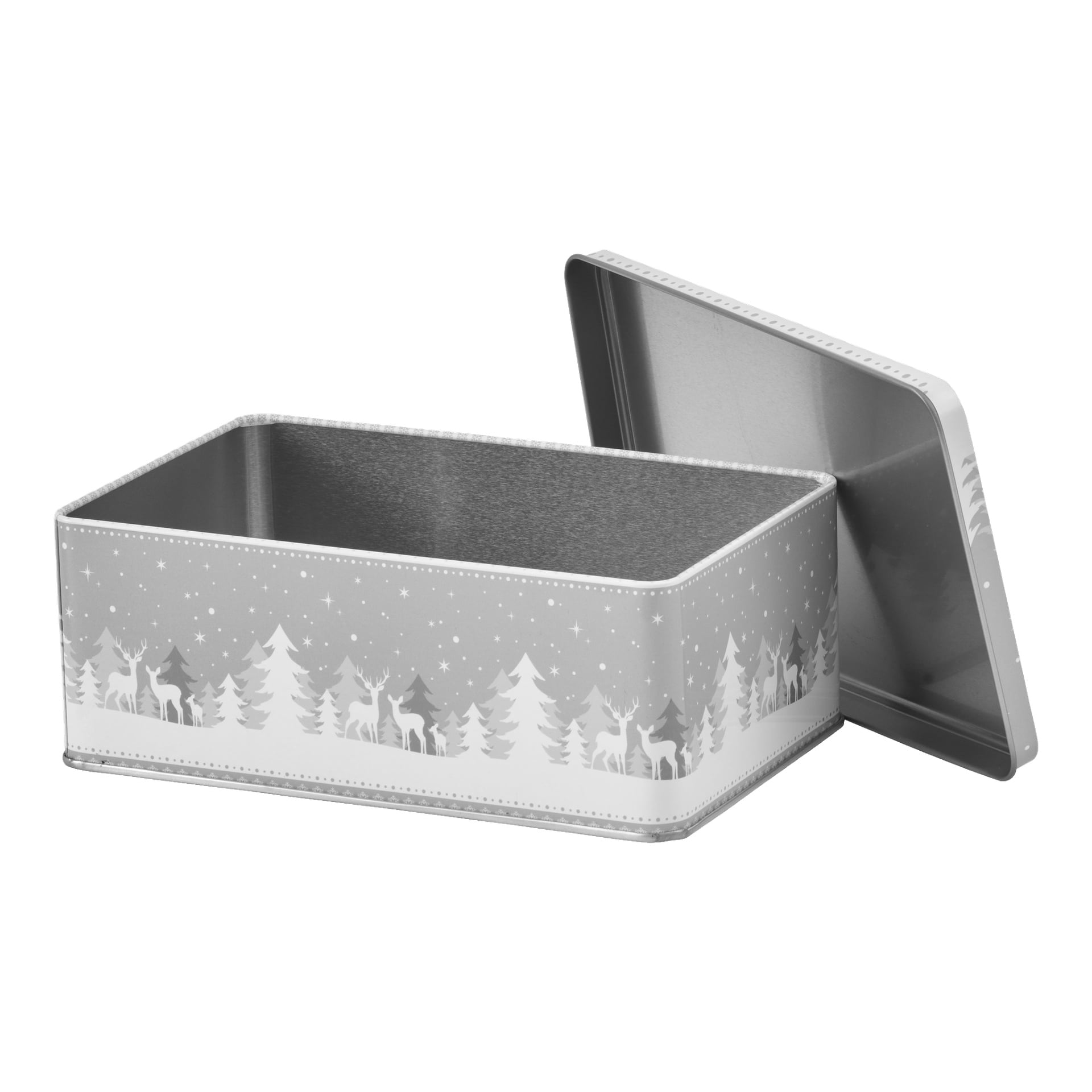 Ett 3-pack med rektangulära metallburkar av EKVIP med avtagbara lock, var och en prydd med silhuetter av vithjortar och träd mitt i en snötäckt, stjärnfylld scen. En burk har locket delvis öppet för att visa det tomma inuti.