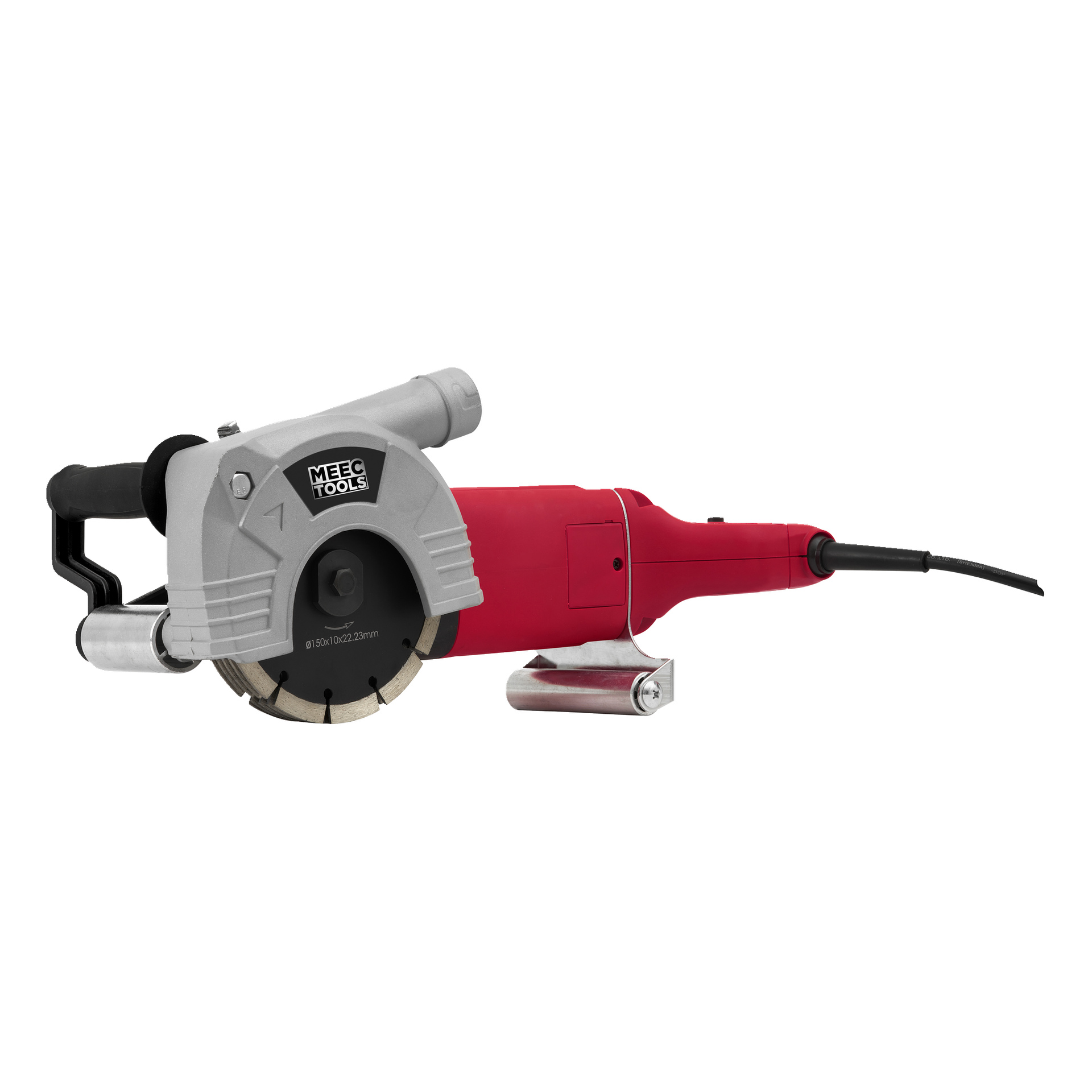 Ein rot-grauer Meec Tools Betonfräser, ausgestattet mit einer runden Klinge, schwarzem Griff und Stromkabel. Das Etikett lautet: ideal zum Schneiden von Rillen in Wänden.