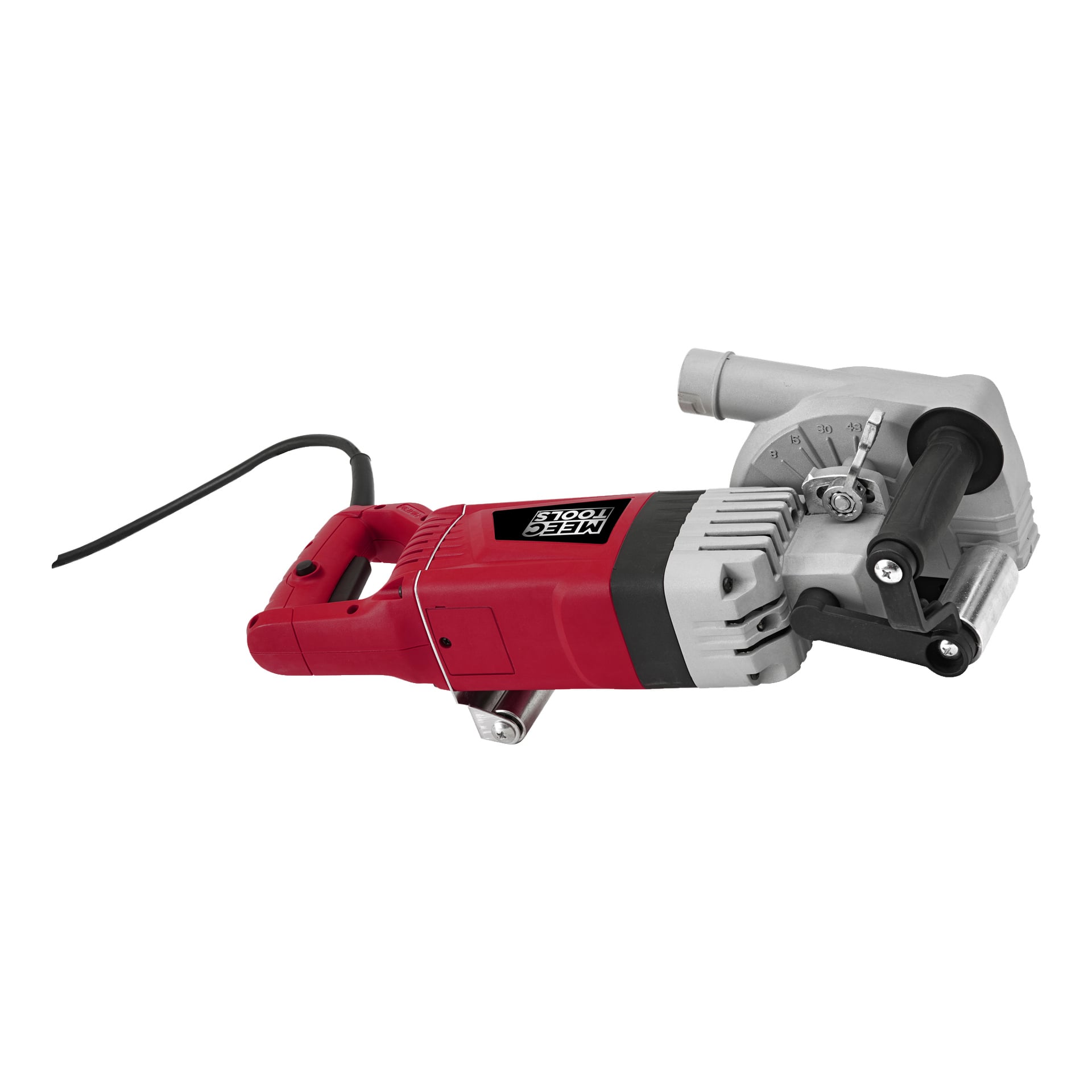 Ein rot-grauer Meec Tools Betonschneider mit Griff, Kordel und Klingenschutz, wobei Meec Tools auf der Maschine sichtbar sind.