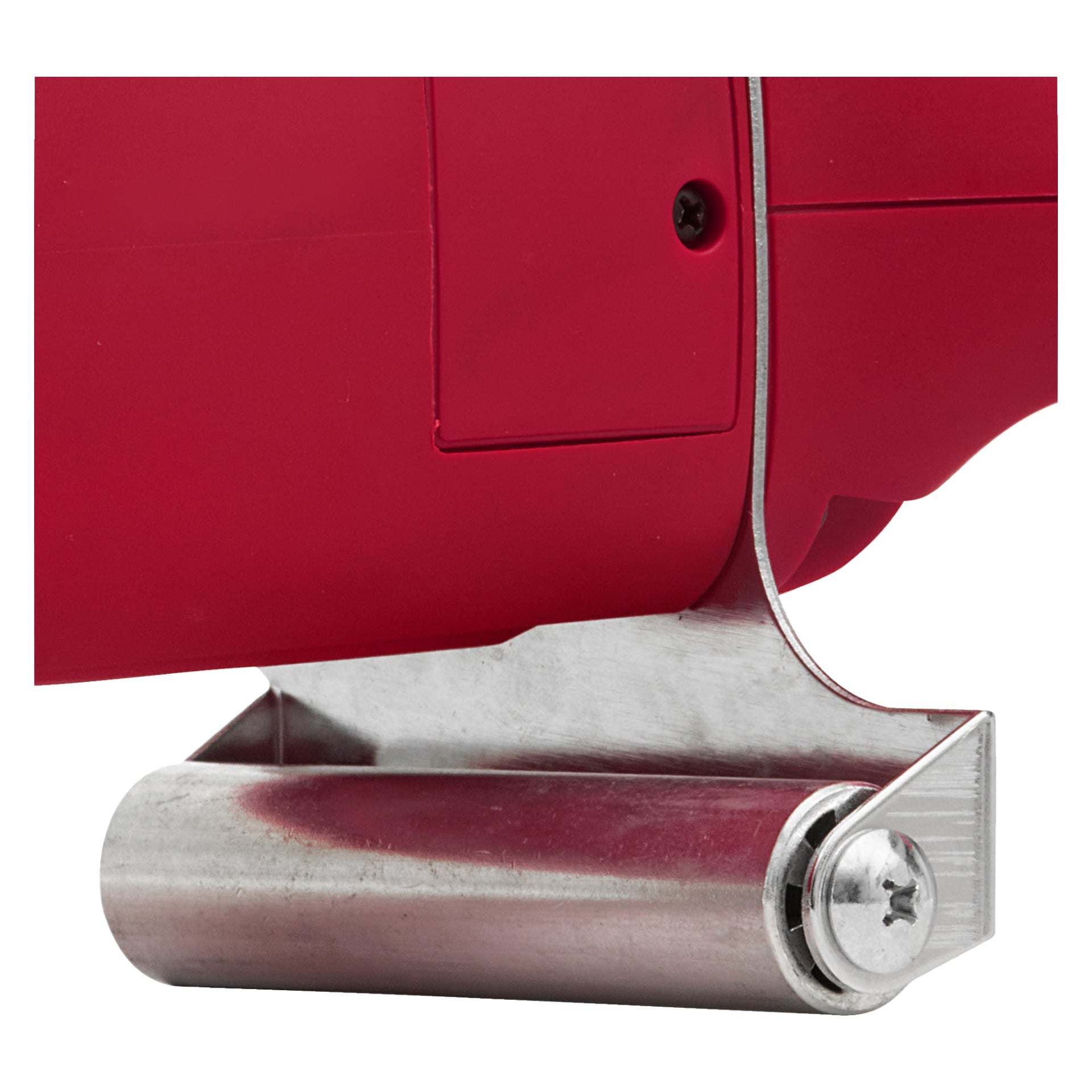 Eine Nahaufnahme eines roten Meec Tools Betonschneiders mit einem Metallwalzaufsatz, der mit einer Schraube befestigt ist.