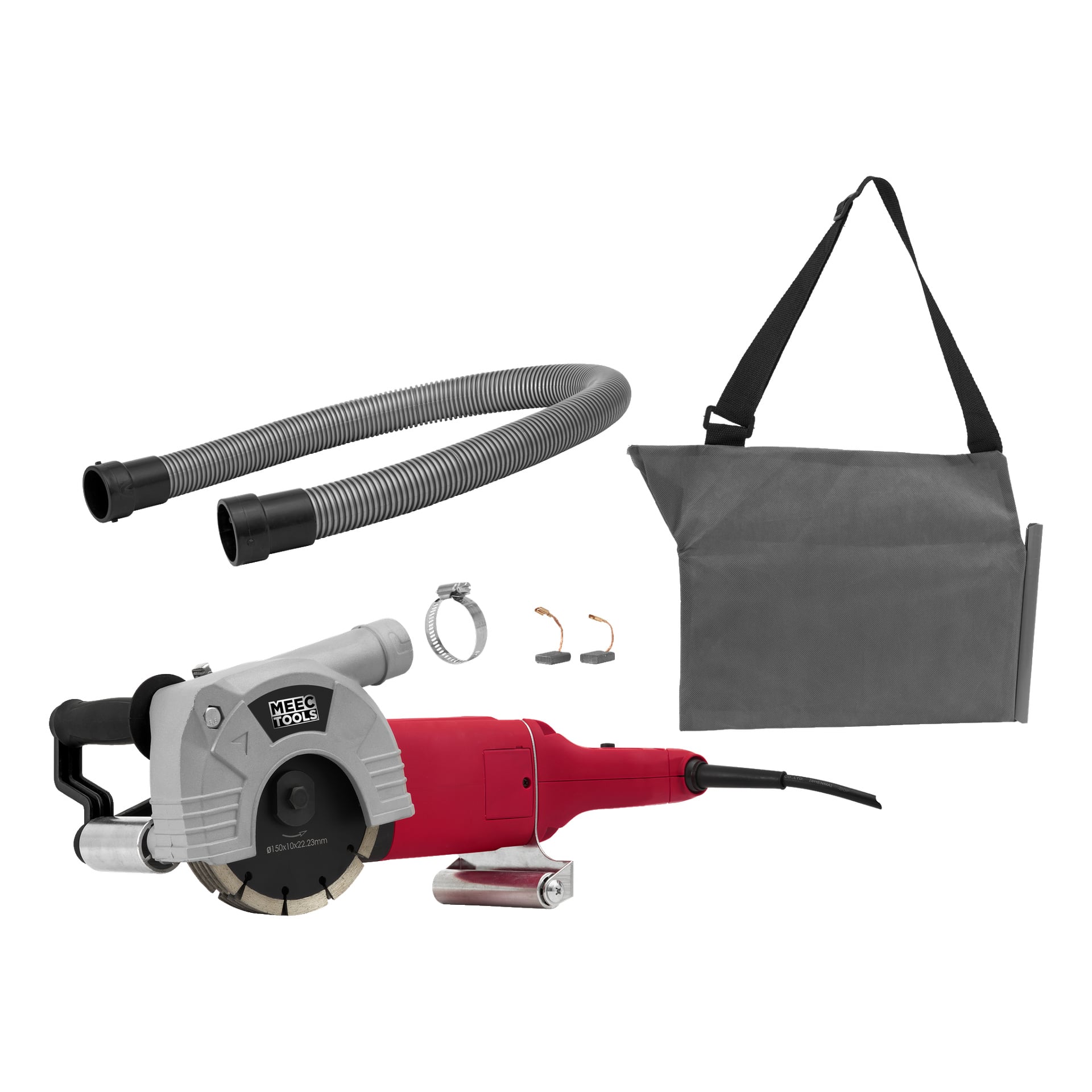 Der Betonfräser von Meec Tools ist abgebildet mit einem roten Griff, einem grauen Motorgehäuse, einem flexiblen Schlauch, einer grauen Tragetasche, einer Schlauchklemme, zwei Carbonbürsten und einer kleinen Metallrolle.
