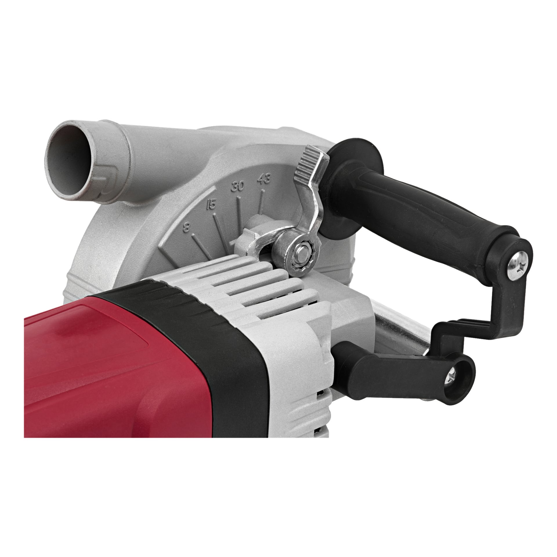 Eine detaillierte Ansicht eines rot-silbernen Meec Tools Betonfräsers, mit Fokus auf Griff, Verstellhebel und Gehäuse mit Gradmarkierungen. Geeignet für Bau- oder Holzbearbeitungsarbeiten.