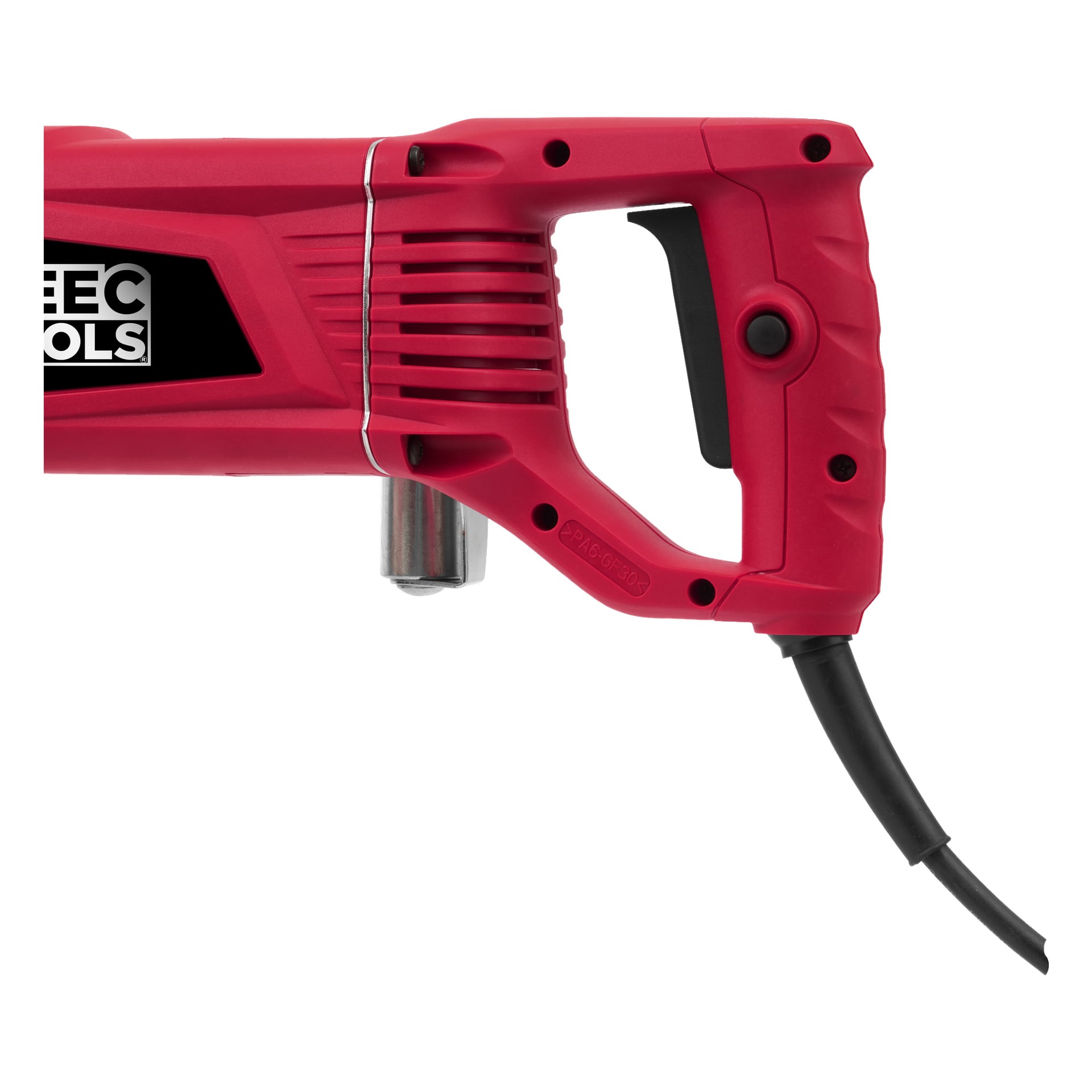 Nahaufnahme des roten Griffs eines Meec Tools Betonschneiders, mit einem schwarzen Abzug und einem Stromkabel, das unten herausragt. Das Werkzeuglogo ist links teilweise sichtbar, wobei nur ein Teil des Textes, Meec, sichtbar ist.