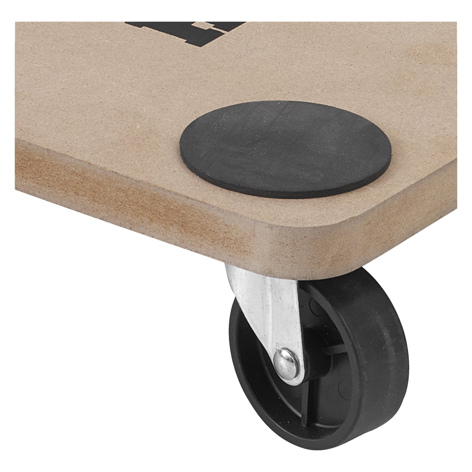 Detaljerad vy av Hard Head Transport-brädet som visar en cirkulär svart gummidyna på ytan och ett svart hjulhjul monterat under i ett hörn.