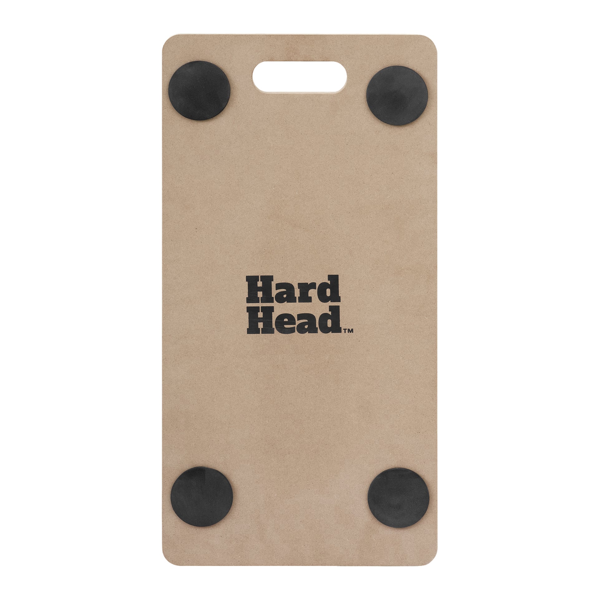 En brun rektangulär Transportbräda från Hard Head med ett utskuret handtag upptill, fyra svarta runda kuddar i varje hörn och Hard Head-logotypen centrerad i svart.