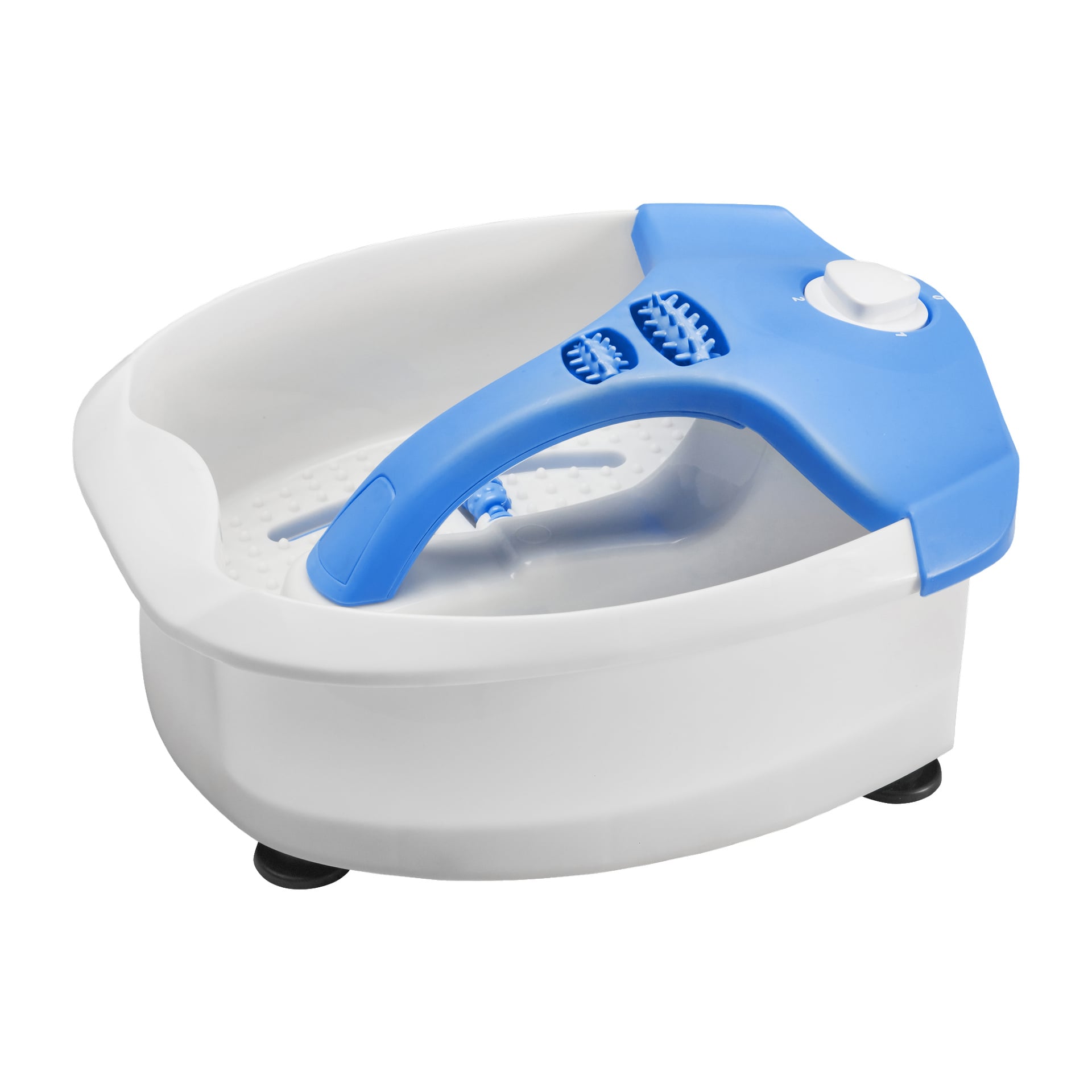 Das Bright Foot Bath mit Massage präsentiert ein weiß-blaues elektrisches Design mit Massagerollern, einem Reglerregler oben und einem konturierten Becken für Komfort. Er ist für Fußeinweichen und Massage gebaut und wird an der Basis durch schwarze Füße stabilisiert.