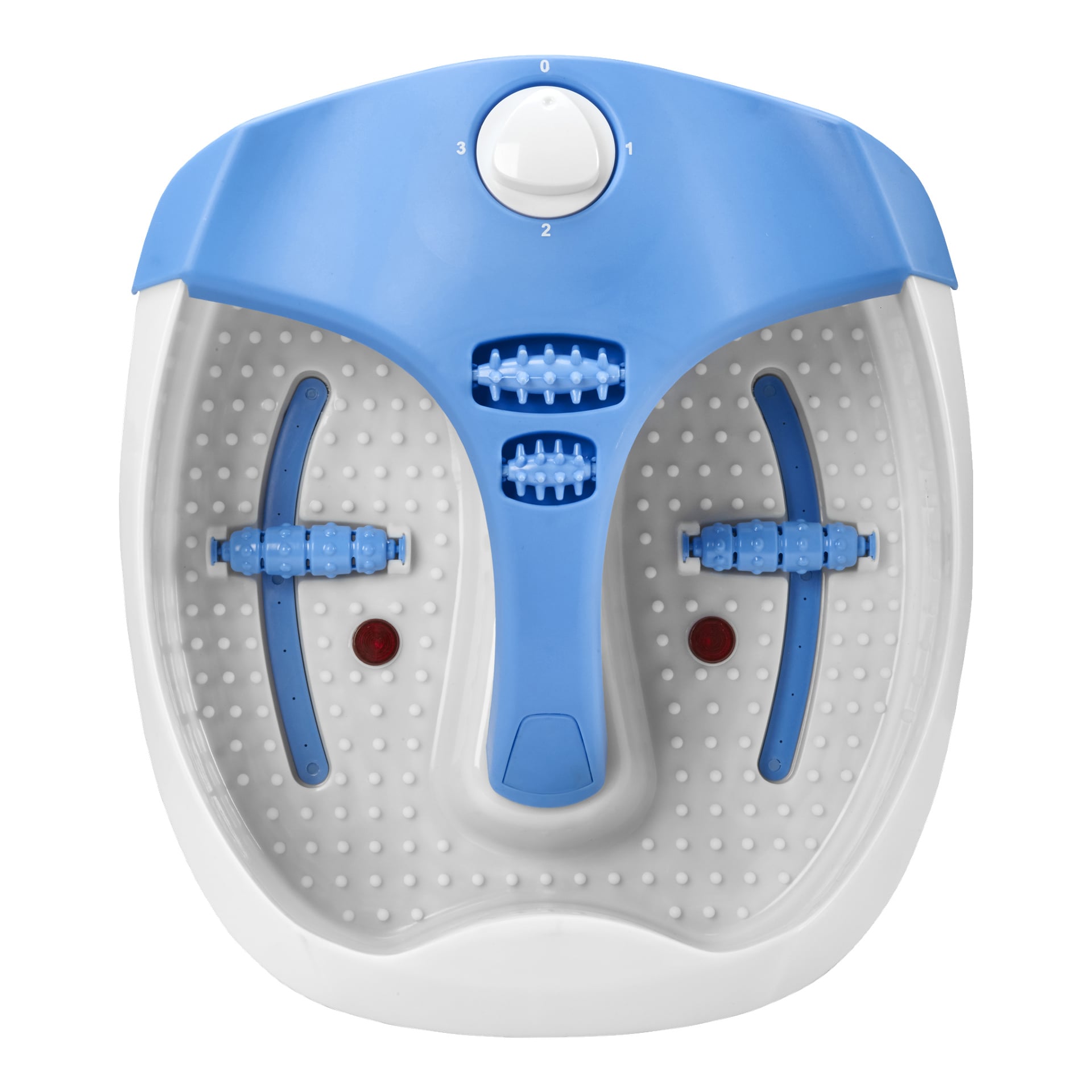 Das Bright Foot Bath with Massage ist ein elektrisches Fuß-Spa aus Kunststoff, gestaltet mit einem blauen Deckel, weißem Boden, eingebauten Massagerollern, einem strukturierten Boden für Komfort, zwei roten Massagepunkten und einem Bedienknopf oben angebracht.