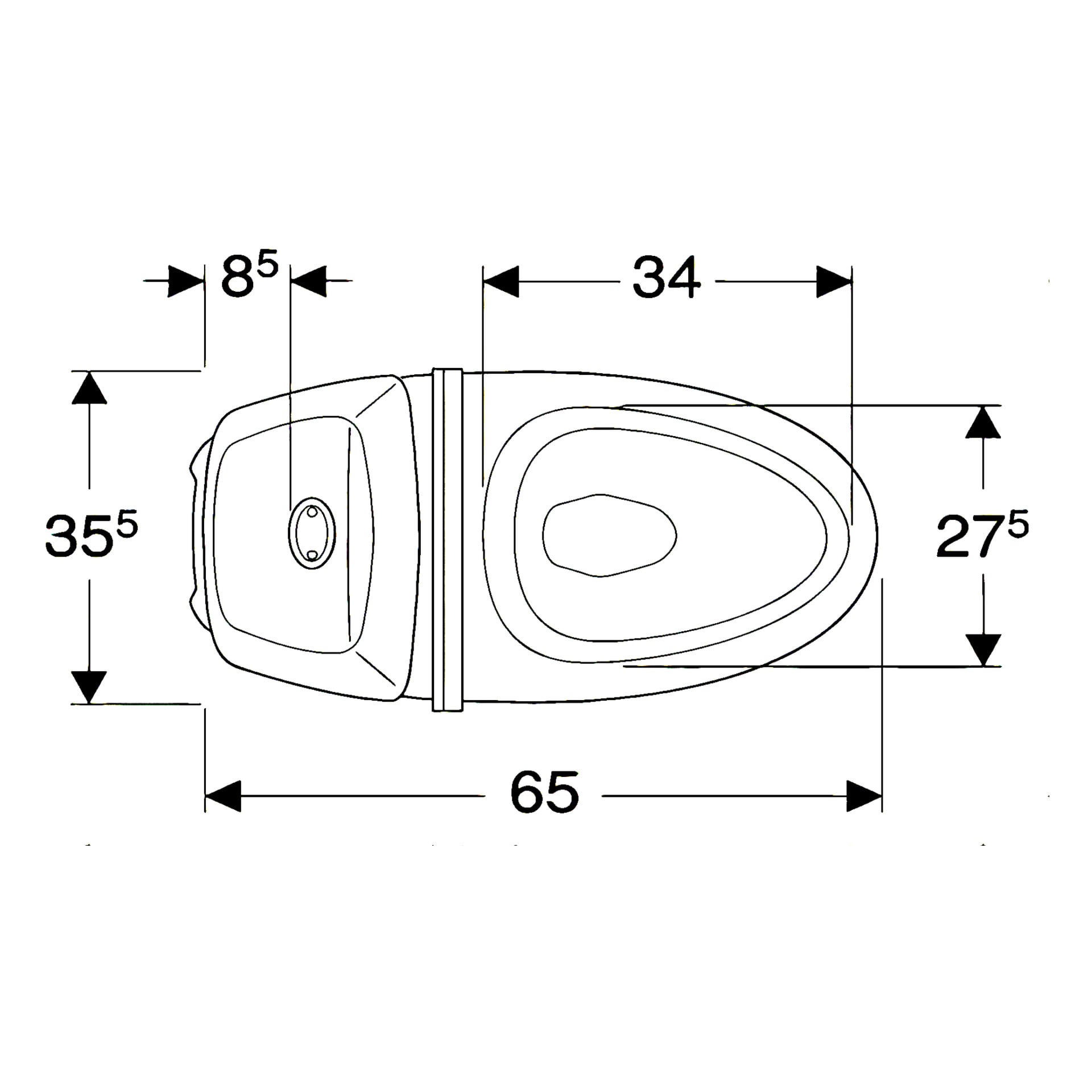 Diagram över Ifö Toalett Silia som visar måtten i centimeter: 35,5 cm bred, 65 cm djup, tank mäter 34 cm bred och 8,5 cm djup, sittbredd är 27,5 cm. Visas från ett top-down-perspektiv med framhävning av layout och mått.