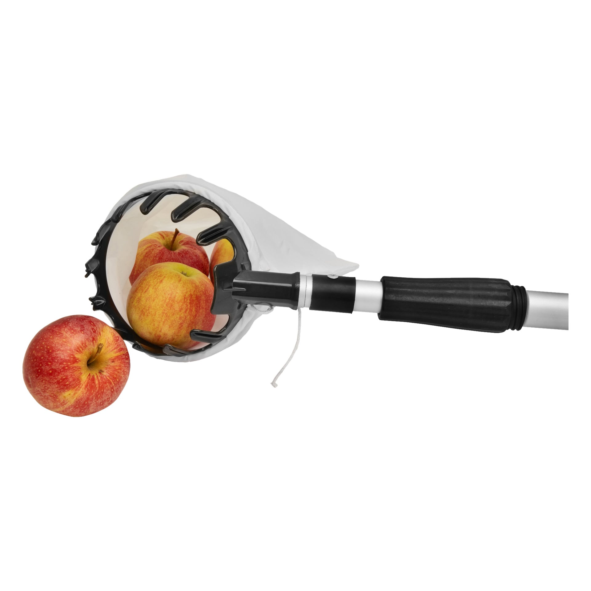 En Hard Head fruktplukker med teleskophåndtak og svart-hvitt grep holder tre røde og gule epler i kurven, med et annet lignende eple plassert ved siden av plukkeren.