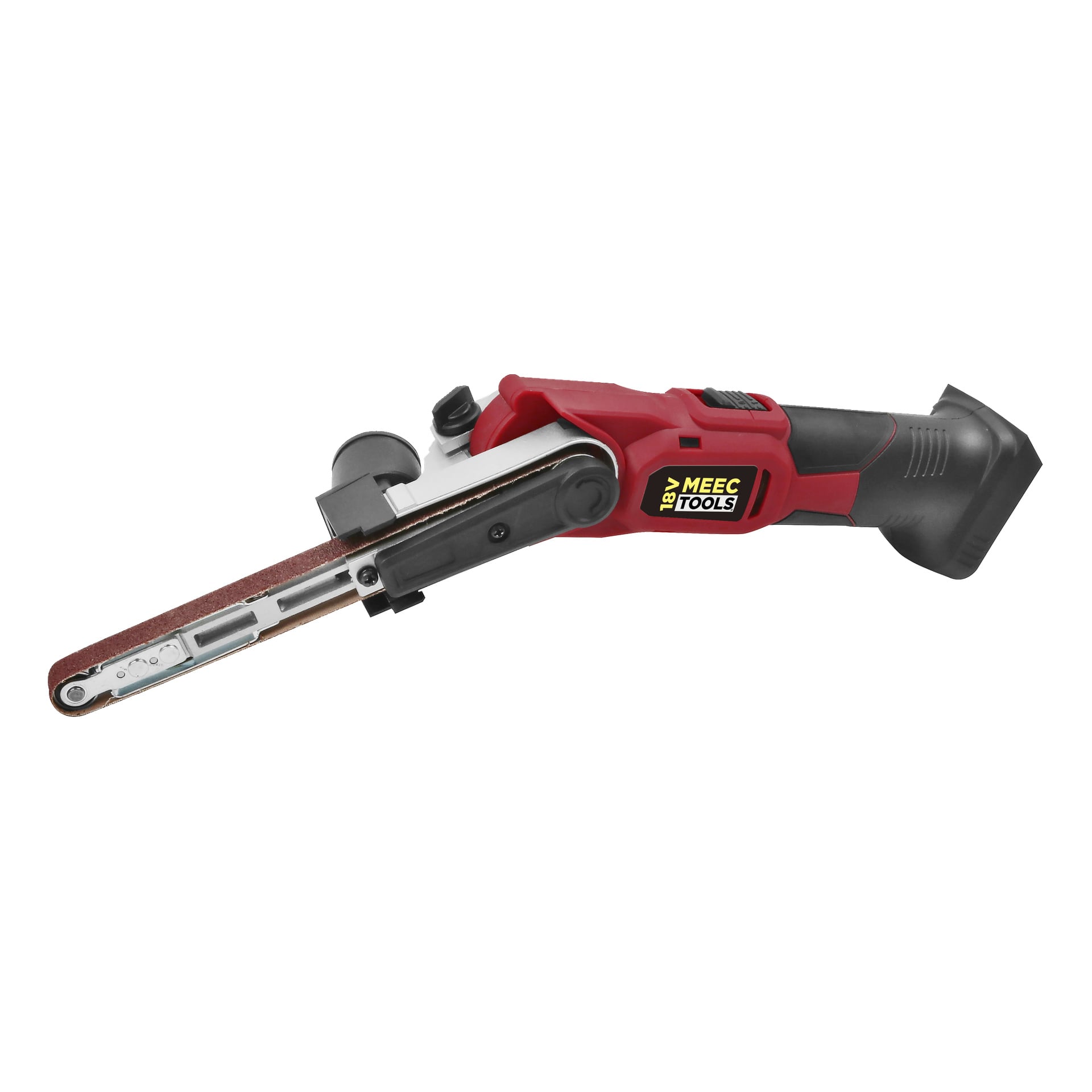 Ręczna elektryczna szlifierka taśmowa w kolorze czerwonym i czarnym, oznaczona jako Powerfile BS-18V HOME 500 od Meec Tools Multiseries. Posiada cienki pas szlifierski, a na boku widnieje nazwa marki.