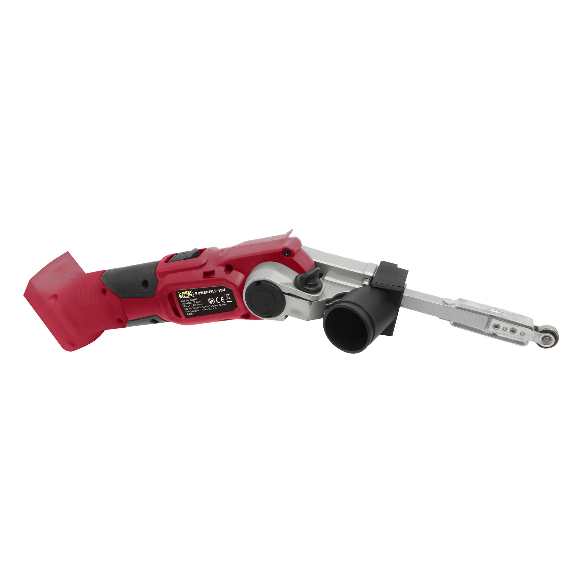 Czerwono-przenośna elektromocywka Meec Tools Multiseries Powerfile BS-18V HOME 500 z cienkim, wydłużonym paskiem ściernym oraz widocznymi oznaczeniami bezpieczeństwa produktu po bokach.