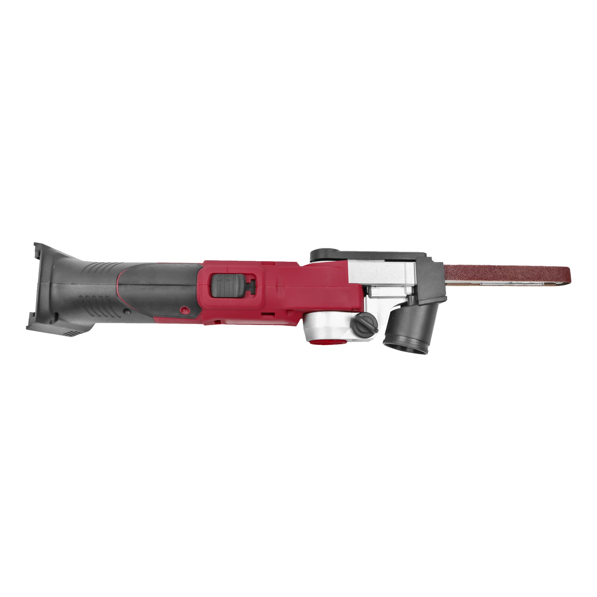 Meec Tools Multiseries Powerfile BS-18V HOME 500 to ręczna elektryczna szlifierka taśmowa o czarno-czerwonym wzorze. Po prawej stronie znajduje się pasek szlifierski, a pod spodem port do odciągania kurzu. Szlifierka jest pokazywana z perspektywy skośnej z góry i dołu z boku.