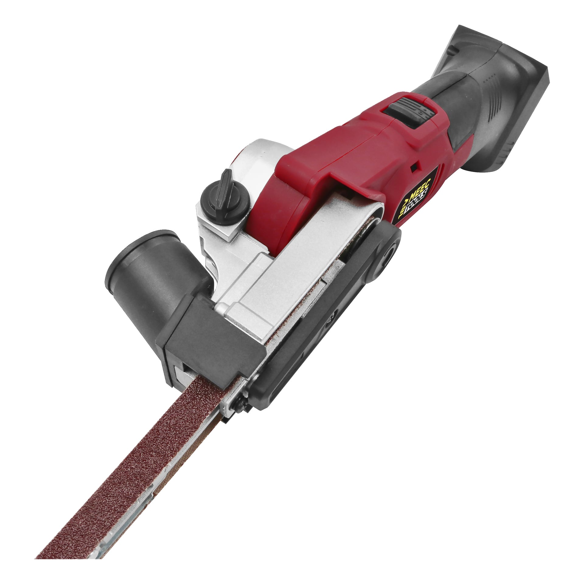Meec Tools Multiseries Powerfile BS-18V HOME 500 to przenośne narzędzie elektryczne o czerwono-czarnym wzorze. Posiada długi pas szlifierski odpowiedni do szlifowania lub szlifowania, a także czarną rączkę i łatwo dostępny górny przełącznik.