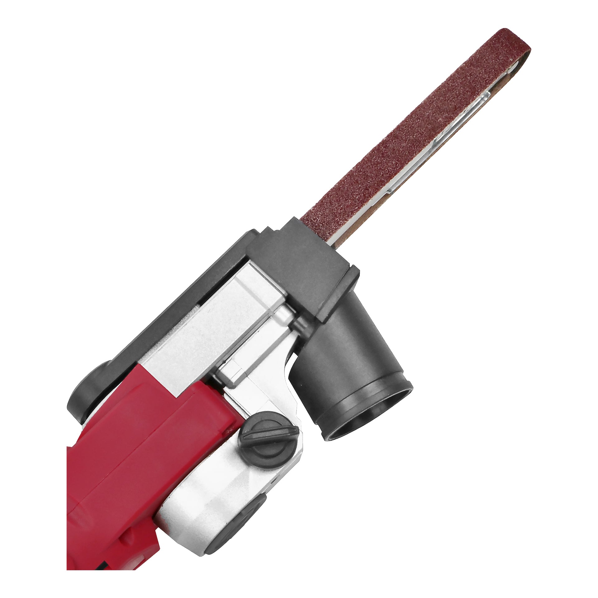 Szczegółowe zbliżenie Meec Tools Multiseries Powerfile BS-18V HOME 500 pokazuje czerwono-srebrne narzędzie elektryczne z dołączonym paskiem szlifierskim i czarnym portem do odciągania kurzu.