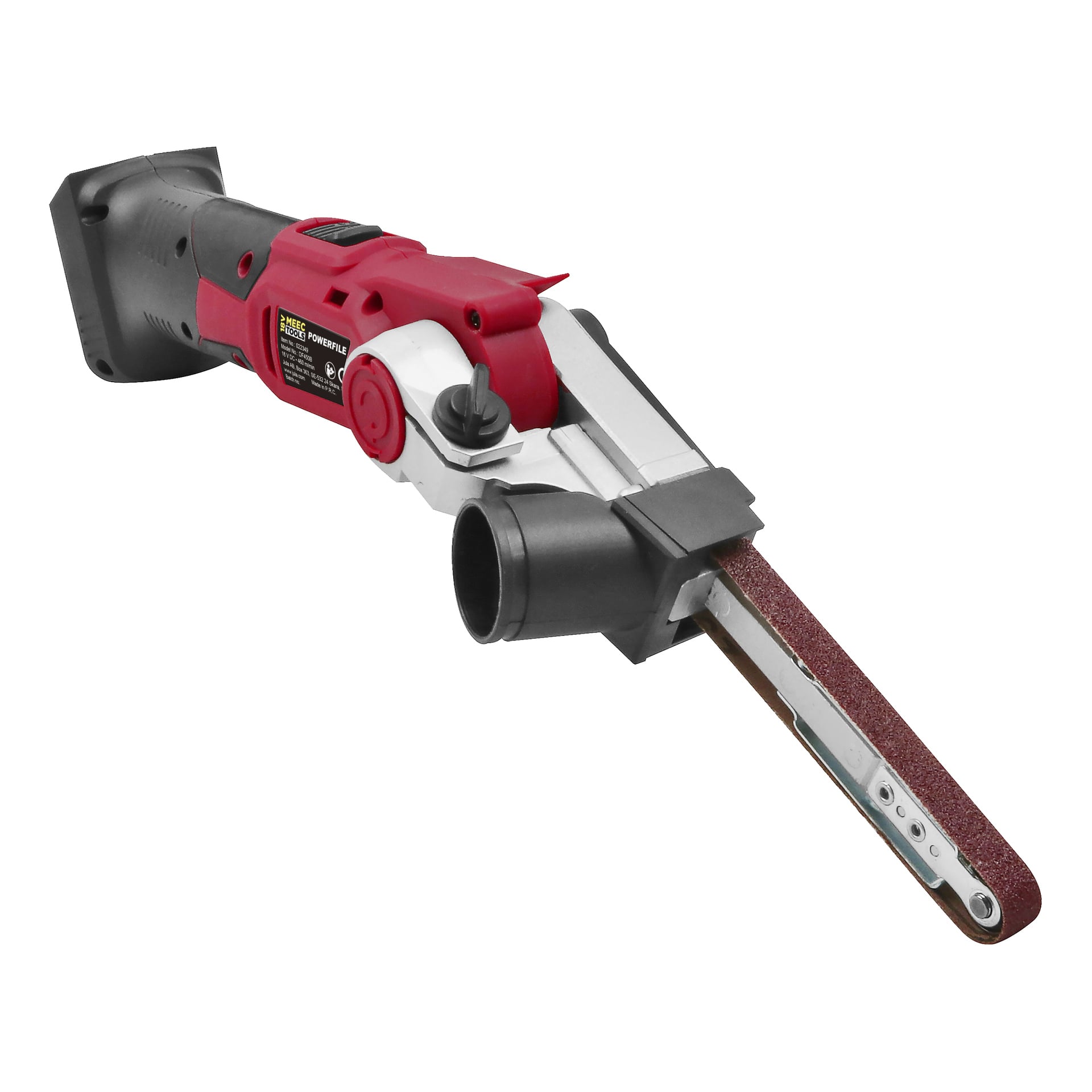Meec Tools Multiseries Powerfile BS-18V HOME 500 to bezprzewodowa ręczna szlifierka taśmowa o czerwono-czarnym wzorze, cienkim paskiem szlifierskim oraz wbudowanym portem do odprowadzania kurzu.