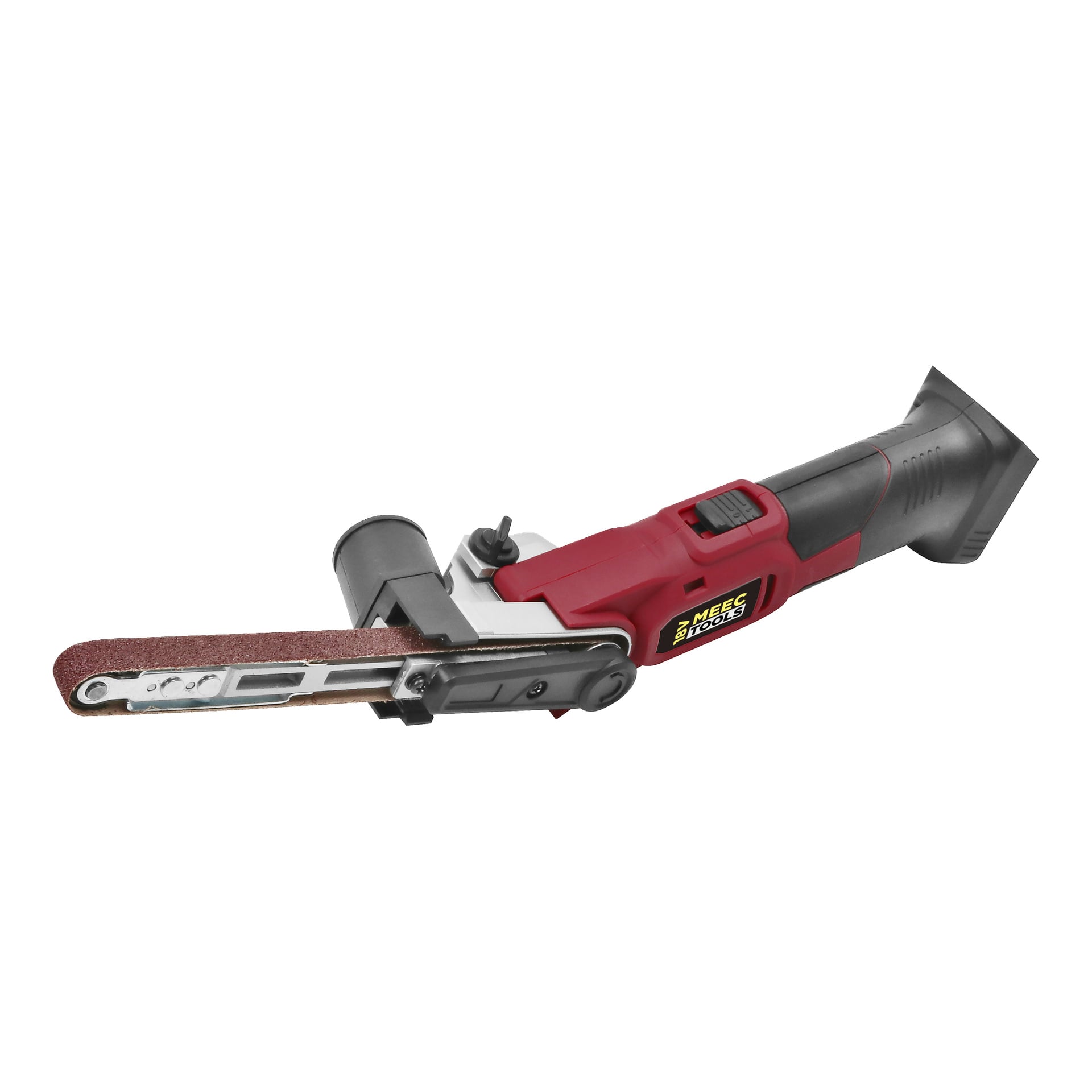 Czerwono-szlifierka taśmowa z taśmą pilniczą Meec Tools Multiseries Powerfile BS-18V HOME 500 z ergonomiczną rączką i odsłoniętym paskiem szlifierskim.