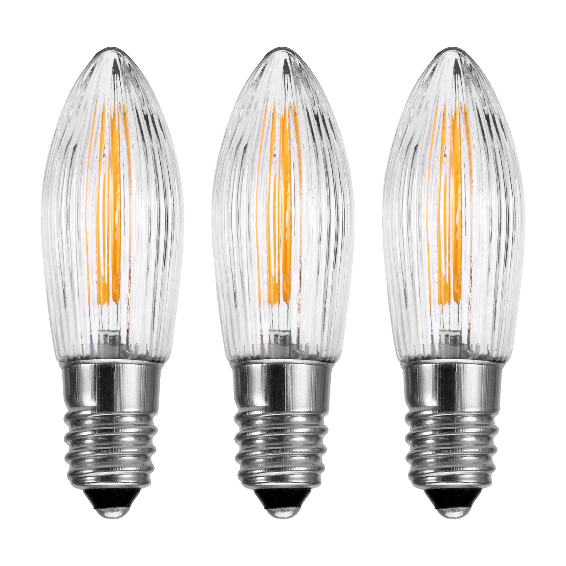 Tre EKVIP reservlampor för Advent candlestick LED (3-pack) med klart, räfflat glas, silverskruvsocklar och synliga orange filament är uppradade vertikalt.
