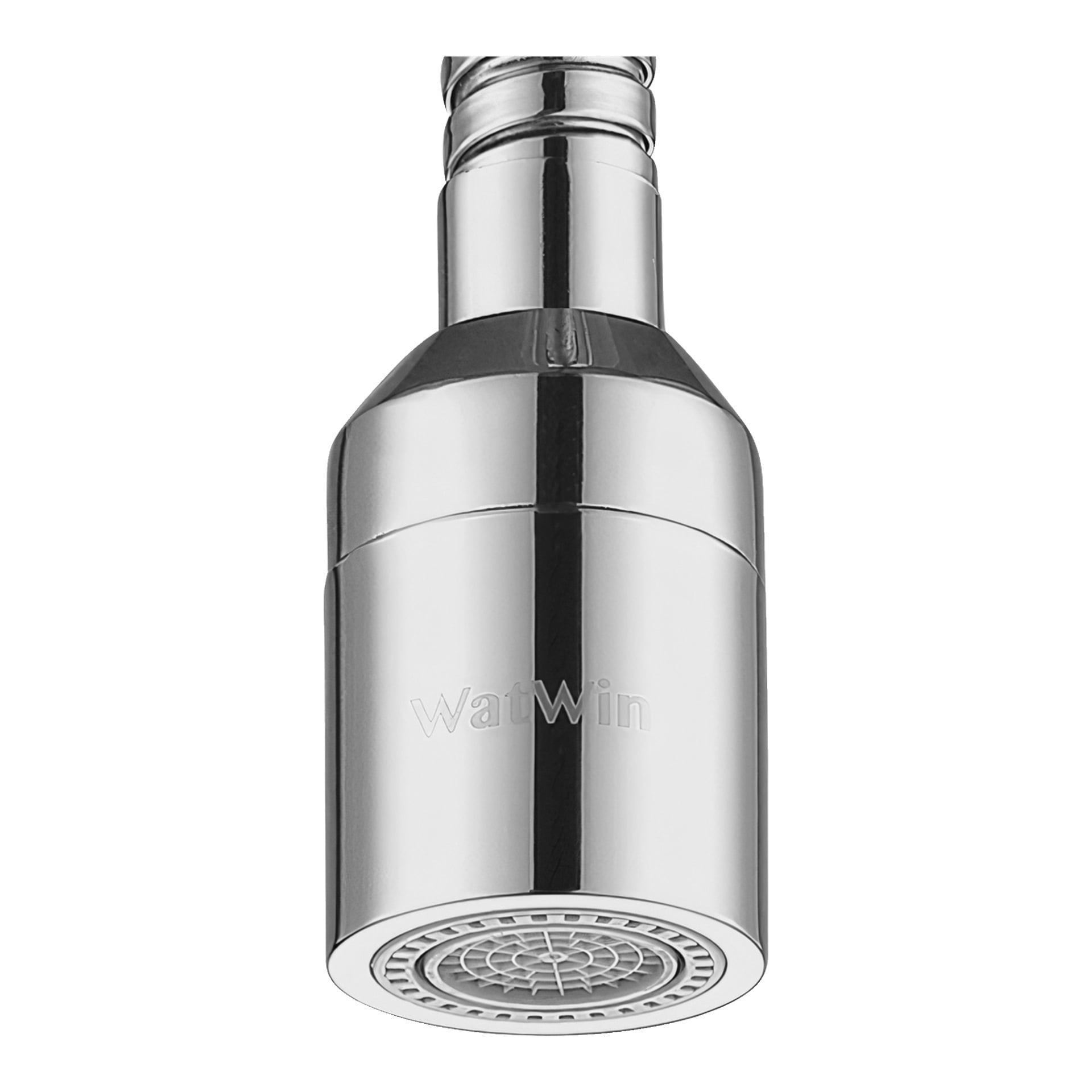 Närbild på Watwin Tap-luftaren med slang Select M22/24, som visar dess cylindriska metallkonstruktion och nätmönstrade vattenutlopp. "Watwin" är graverat på sidan.