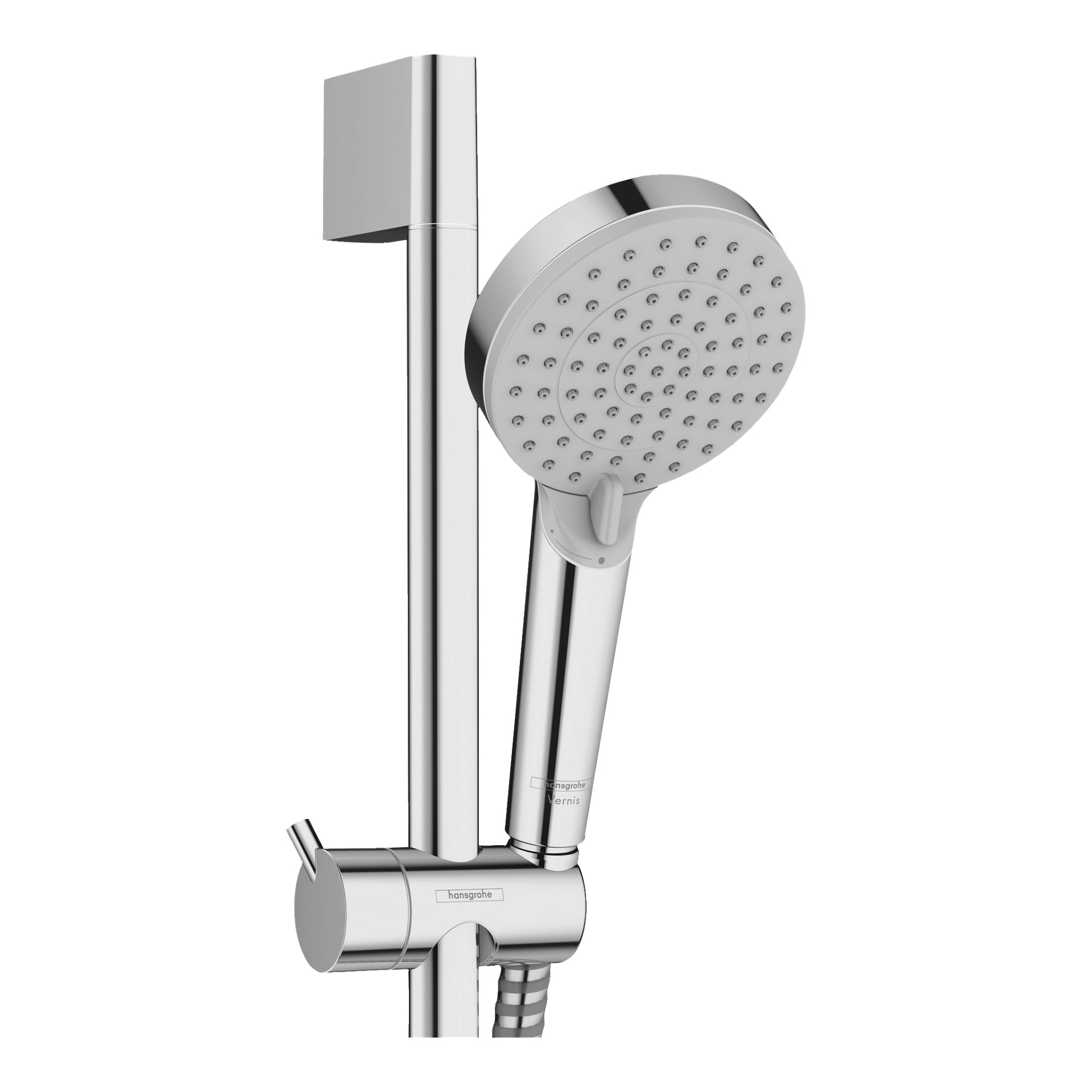 Hans Grohe duschset Vernis Blend inkluderar ett elegant kromat handhållet duschmunstycke med flera sprutmunstycken, fäst vid en justerbar vertikal stång och en slang i botten.