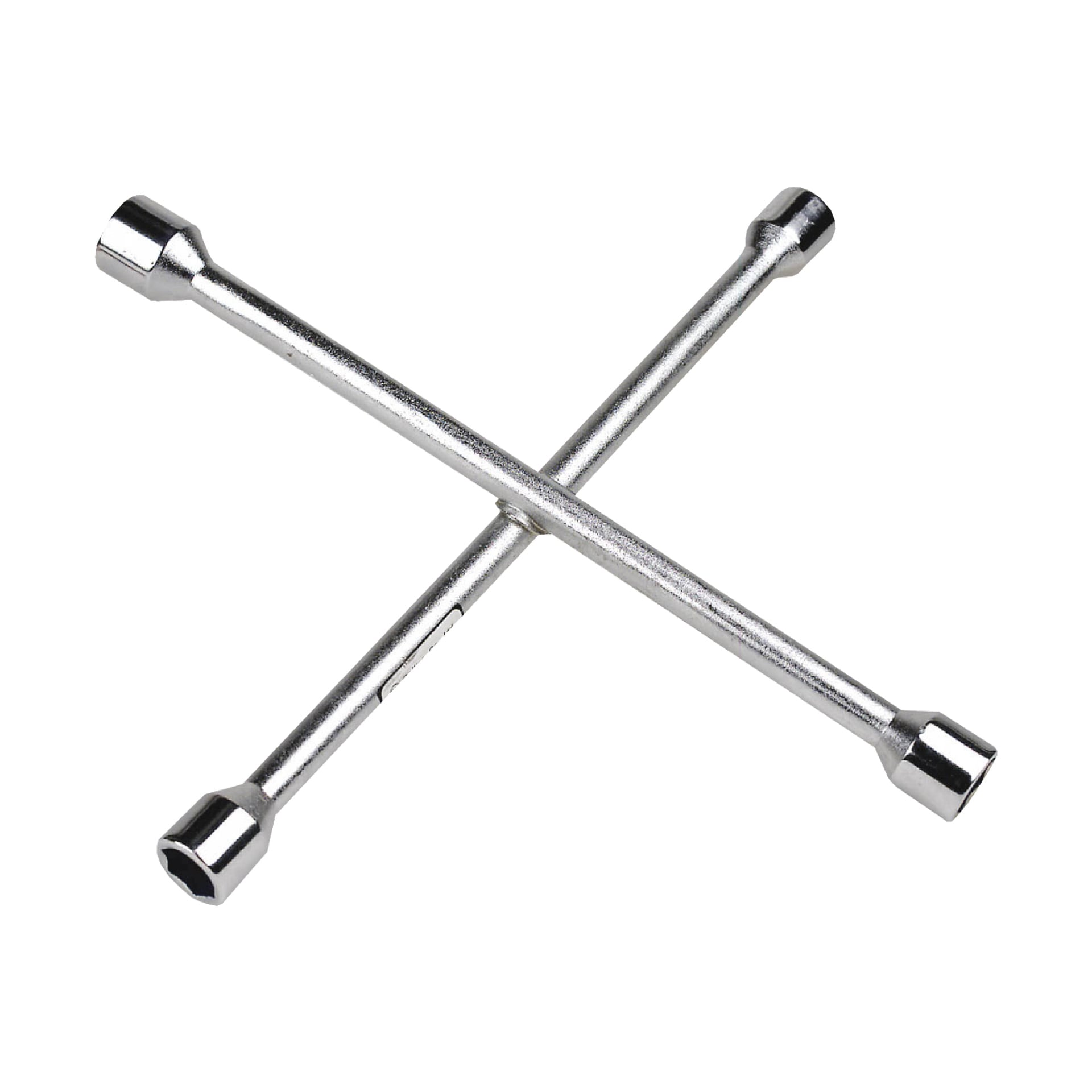 Ett Hamron-hjulstöd med en blank silverfinish, bestående av två korsade stänger, där varje stängning slutar i en hylsa avsedd för att dra åt eller lossa hjulmuttrar.