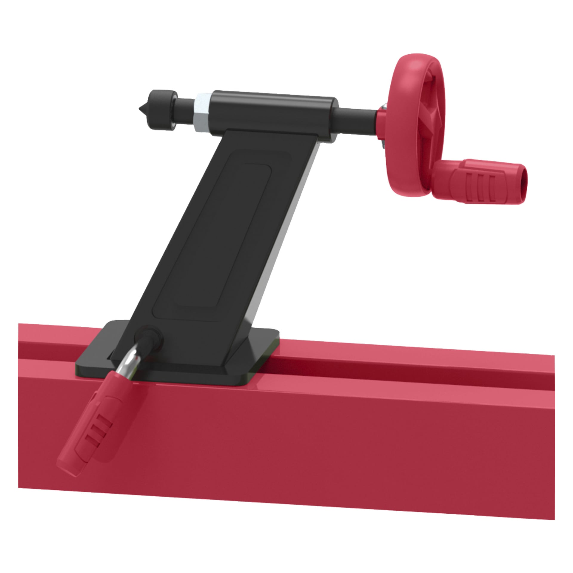 En Meec Tools Wood Lathe med en robust svart och röd metallkonstruktion, vertikal stödstolpe, rött handtag och handtag samt en justerbar platt röd bas.