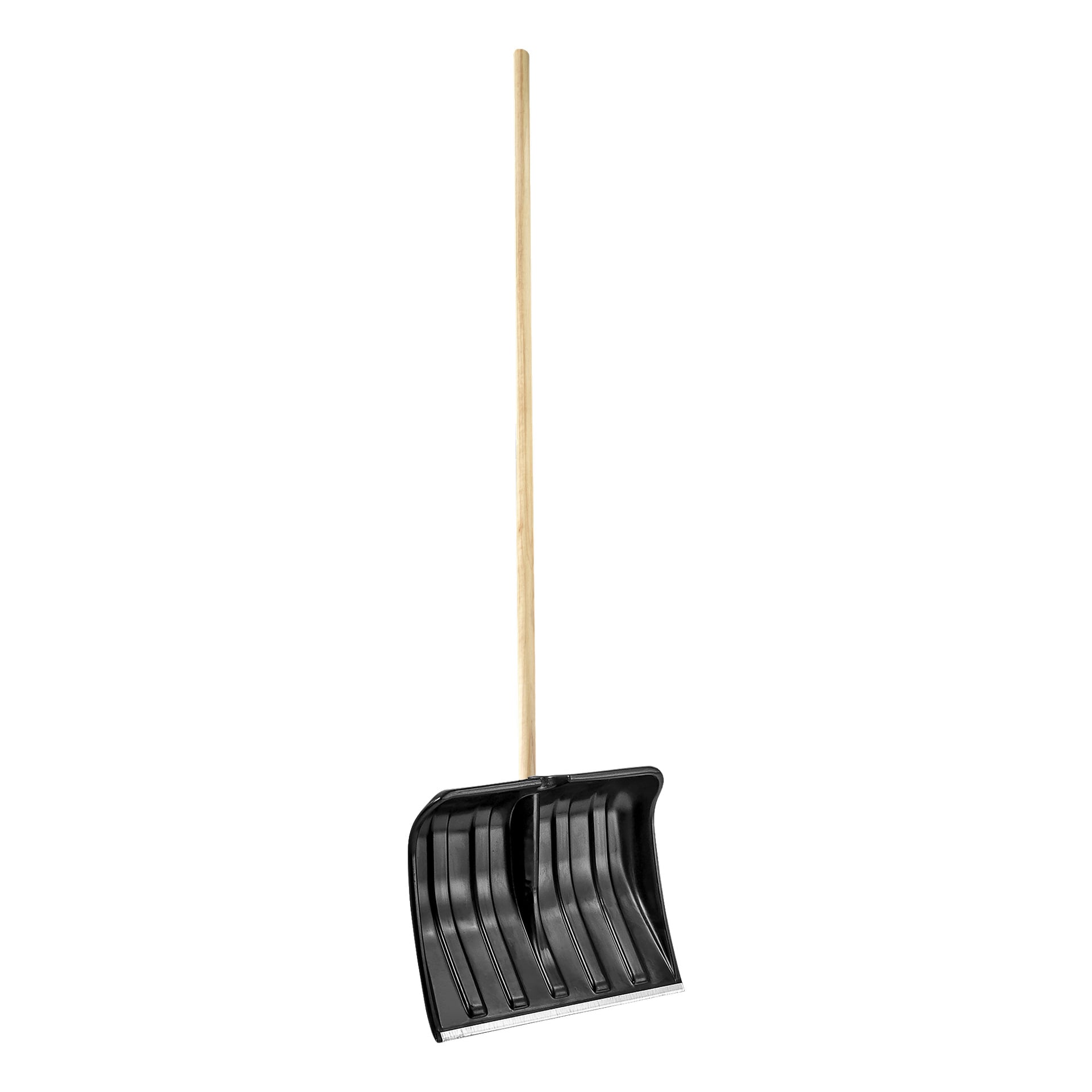 Hard Head Snow Shovel har ett långt trähandtag och en bred svart plastscoop förstärkt med upphöjda ribbor. Framsidan av skopan har ett platt metallblad utformat för effektiv skrapning.