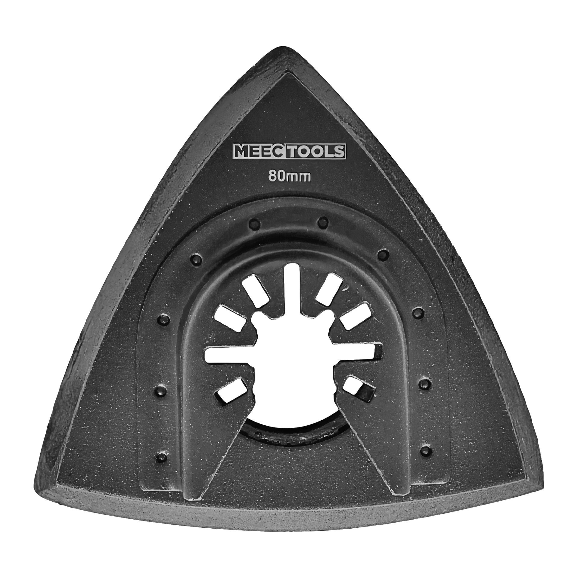 Musta kolmionmuotoinen hiomaalustan lisävaruste Meec Toolsin 24-osaisesta monitoimityökalusarjasta, merkitty "80mm", suunniteltu keskellä olevalla reiällä ja useilla kiinnitysaukkoilla.