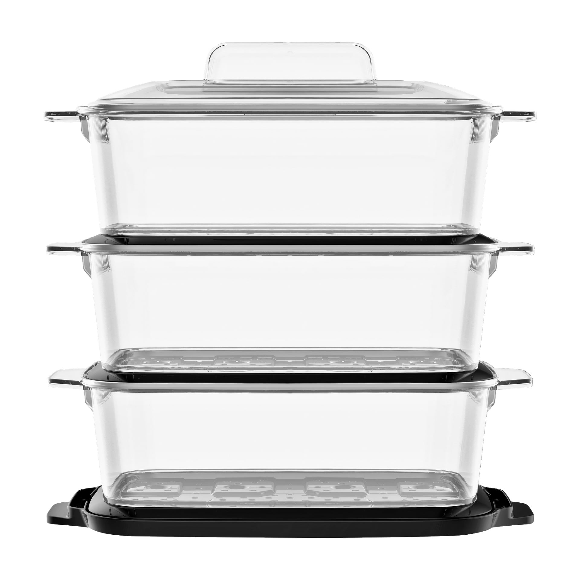 Tre Bright Steam Cooker-behållare är staplade, var och en med svarta baser och sidohandtag. Den övre behållaren är täckt med ett genomskinligt lock som har ett handtag.