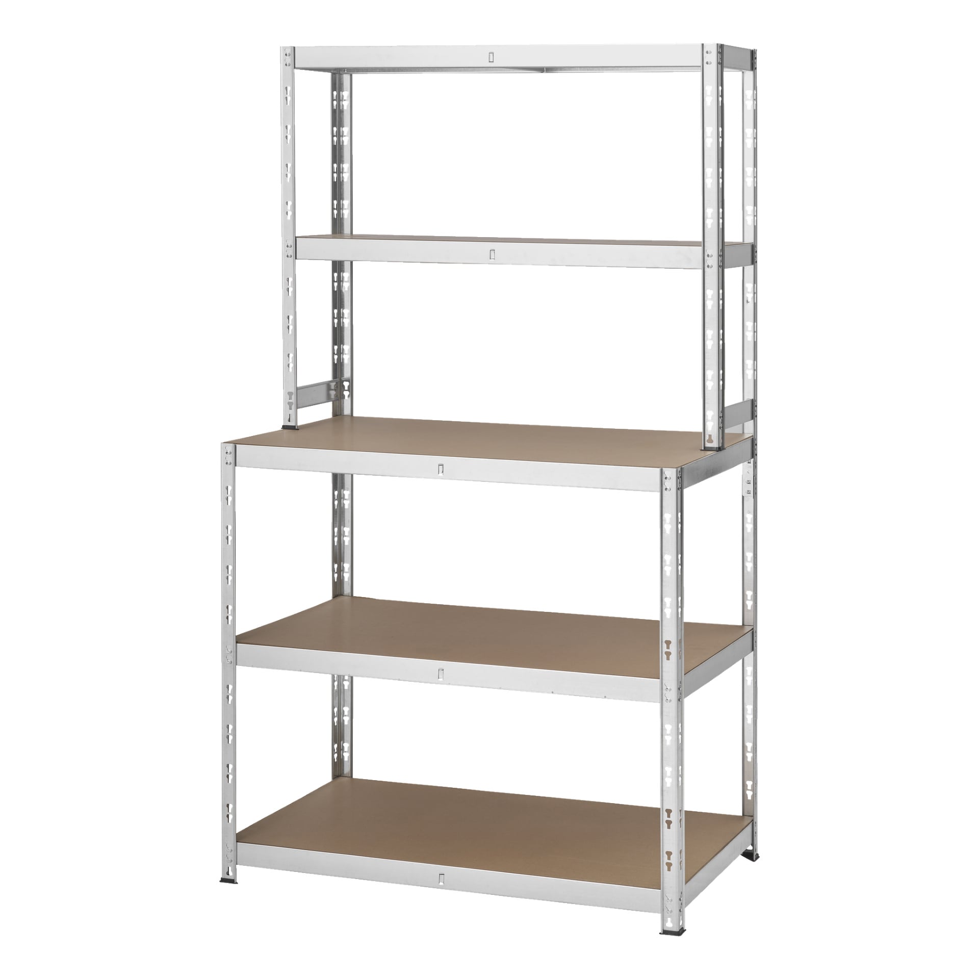 Hard Head Storage-hyllan med arbetsbänk är en fristående hylla med en silverfärgad metallram och fyra ljusbruna hyllor av spånskiva. Enheten är obebodd.