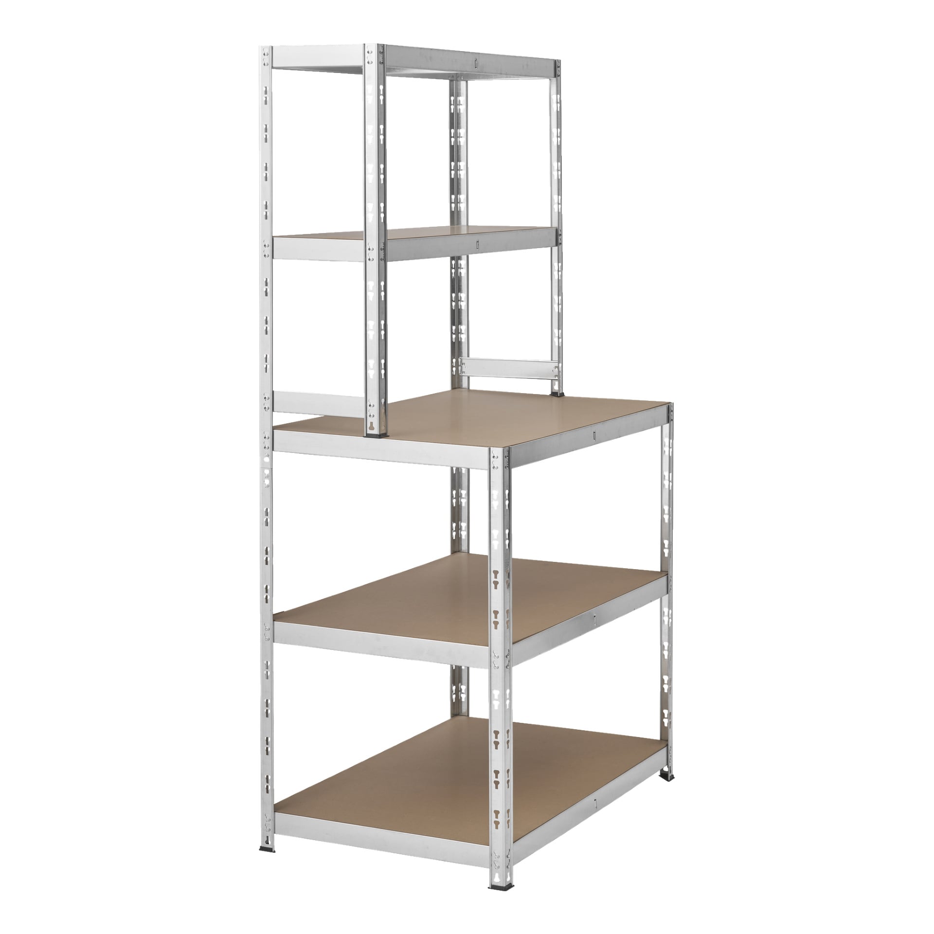 Hard Head Storage-hyllan och arbetsbänken har en stadig metallram tillsammans med paneler som liknar trä. På vänster sida finns tre hyllor, medan höger sida innehåller tre större hyllor, vilket gör den lämplig för att organisera eller förvara föremål.