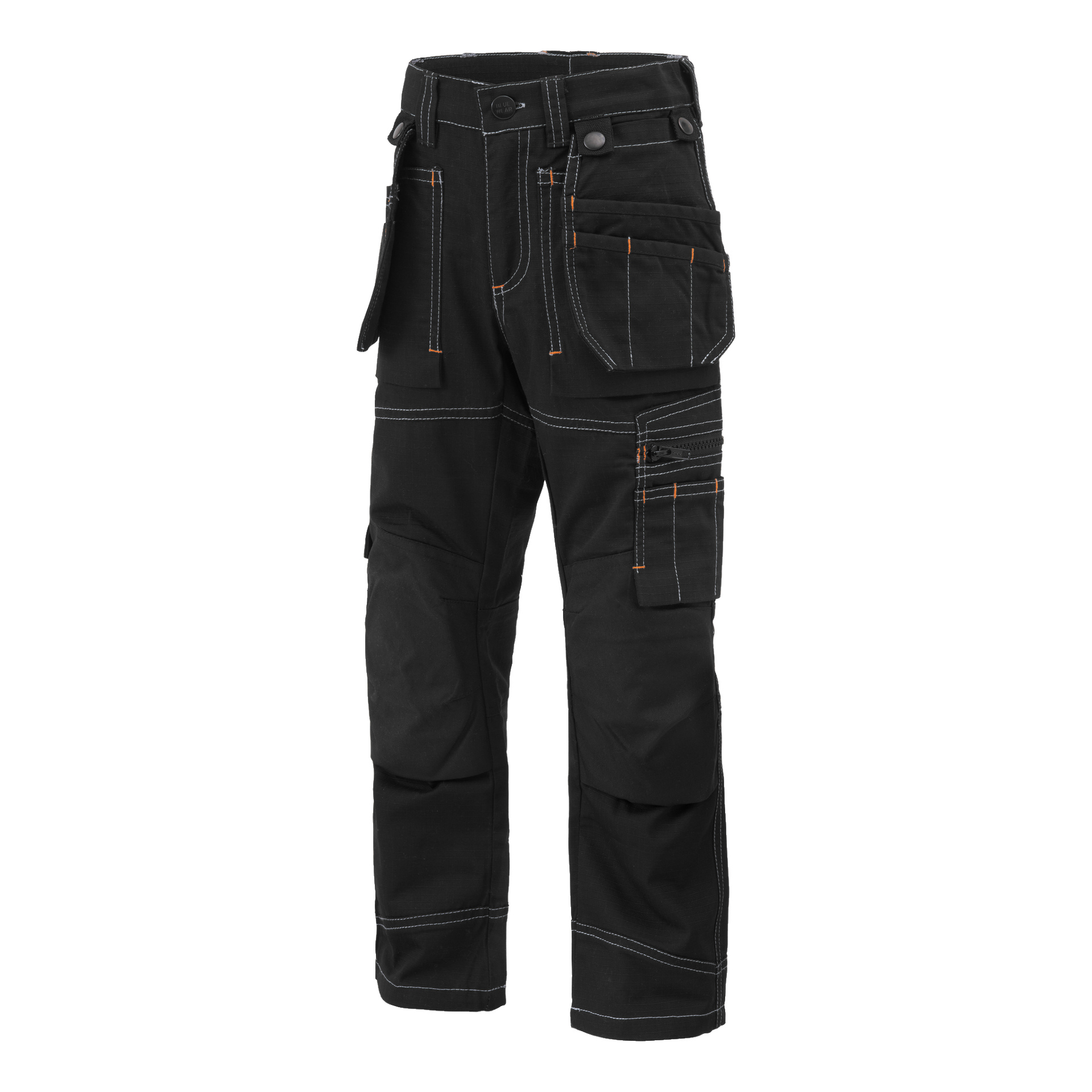 Ett par svarta Bluewear Children's arbetsbyxor med orange stygn, flera fickor, förstärkta knän och en verktygsögla på vänster sida.