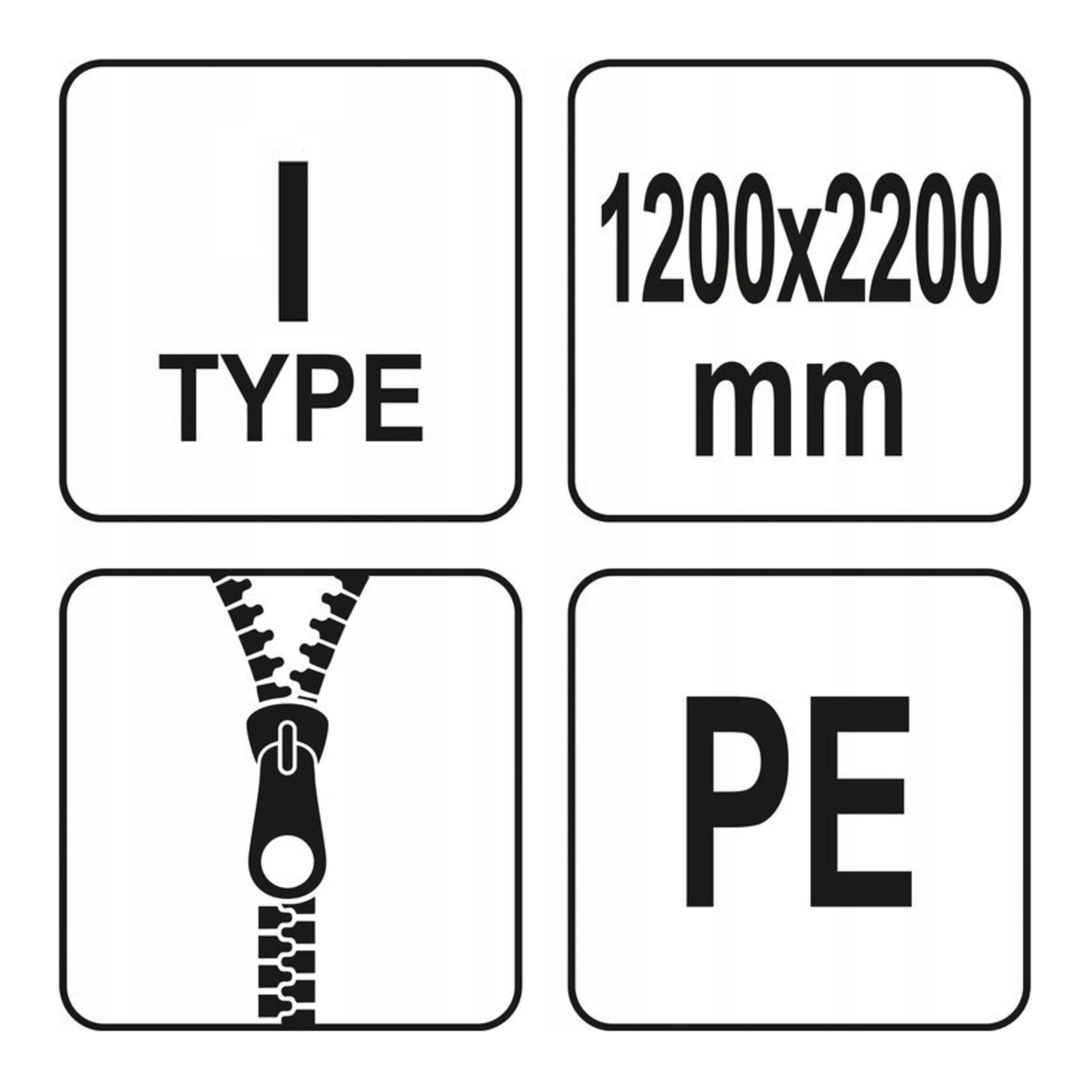 Fyra svartvita fyrkantiga ikoner illustrerar nyckelattributen hos Hard Head Separating Door: "I TYPE" visar modellen, "1200x2200 mm" visar storleken, en dragkedjasgrafik antyder en lättöppningsfunktion och "PE" representerar materialet som används.