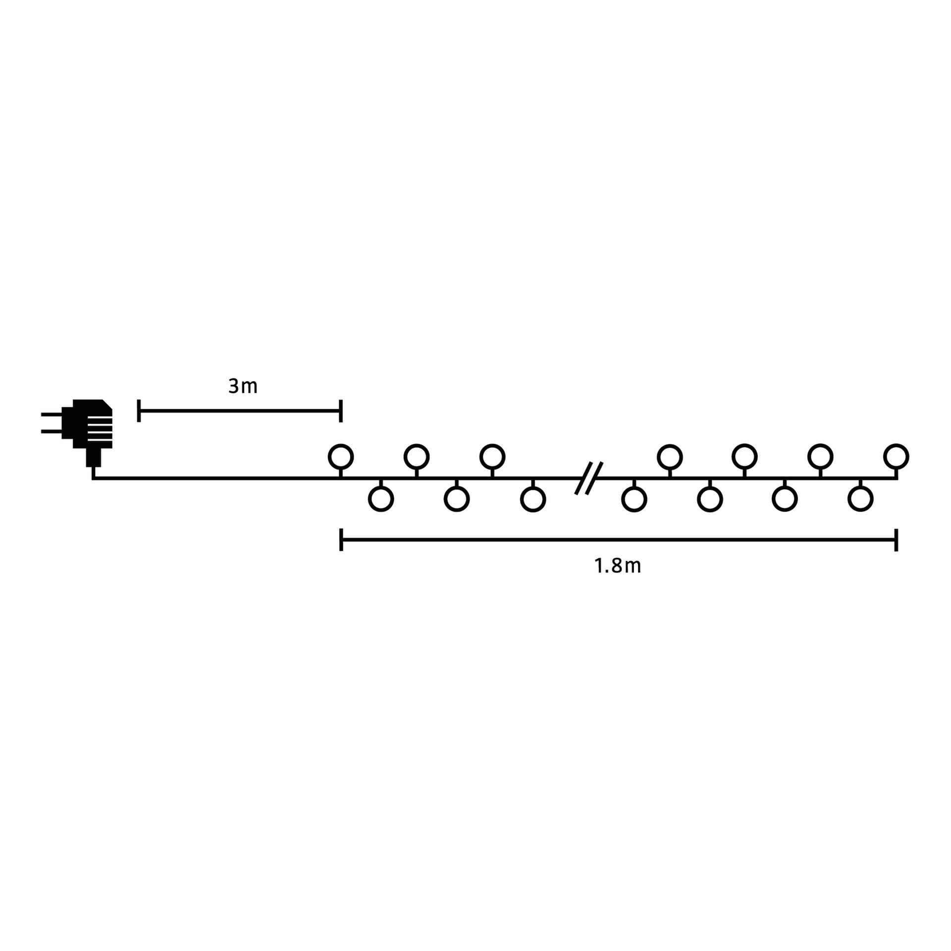 Diagram över EKVIP LED-ljusslingor inkopplade, med en 3-meterskabel före den första lampan och en 1,8-meters sektion med flera jämnt fördelade lampor.