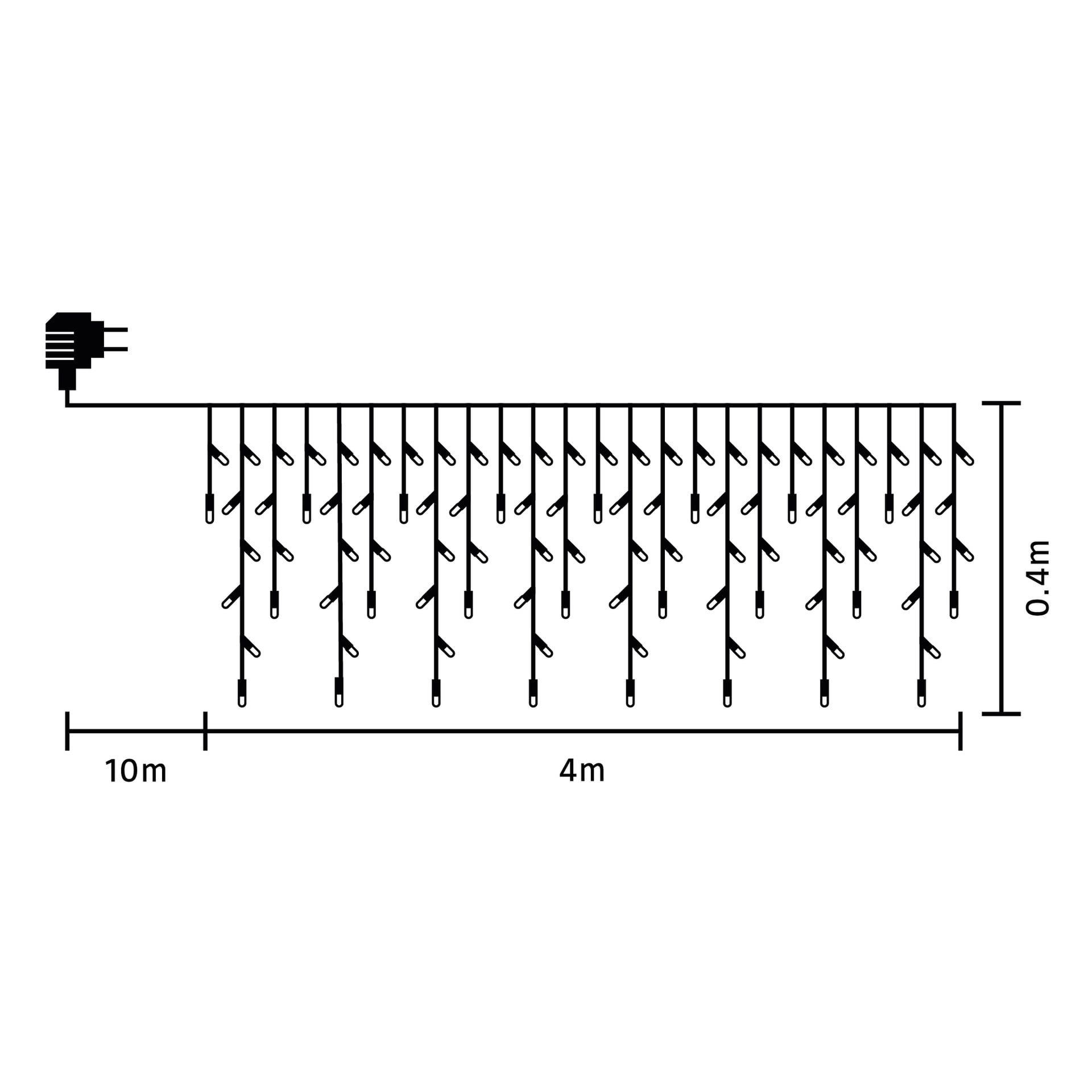 Illustration av EKVIP LED-ljusslingor som visar en total längd på 10 meter, med en 4-meters del som innehåller vertikala hängande trådar, varje tråd 0,4 meter, och en strömkontakt i ena änden.