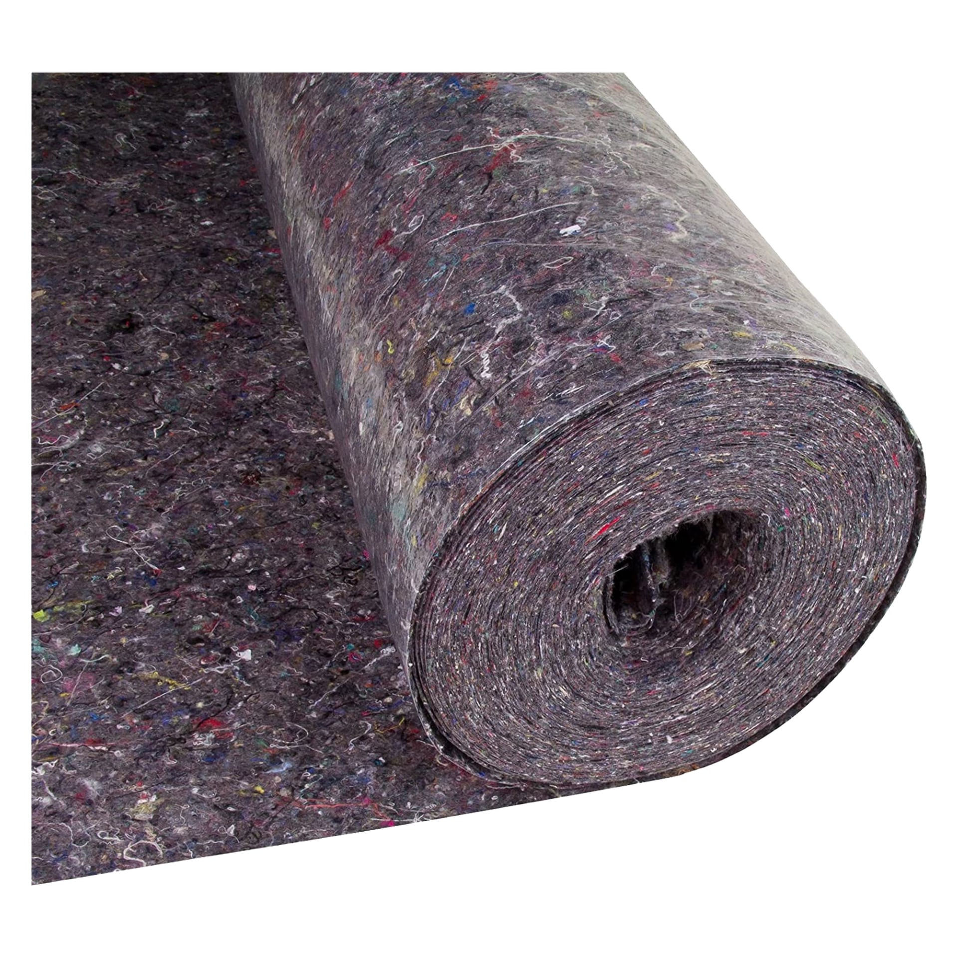 Eine große Rolle Hard Head Painting Matte, gefertigt aus recyceltem Filz in Grautönen mit verstreuten farbigen Fasern, teilweise ausgerollt auf einer flachen Oberfläche.