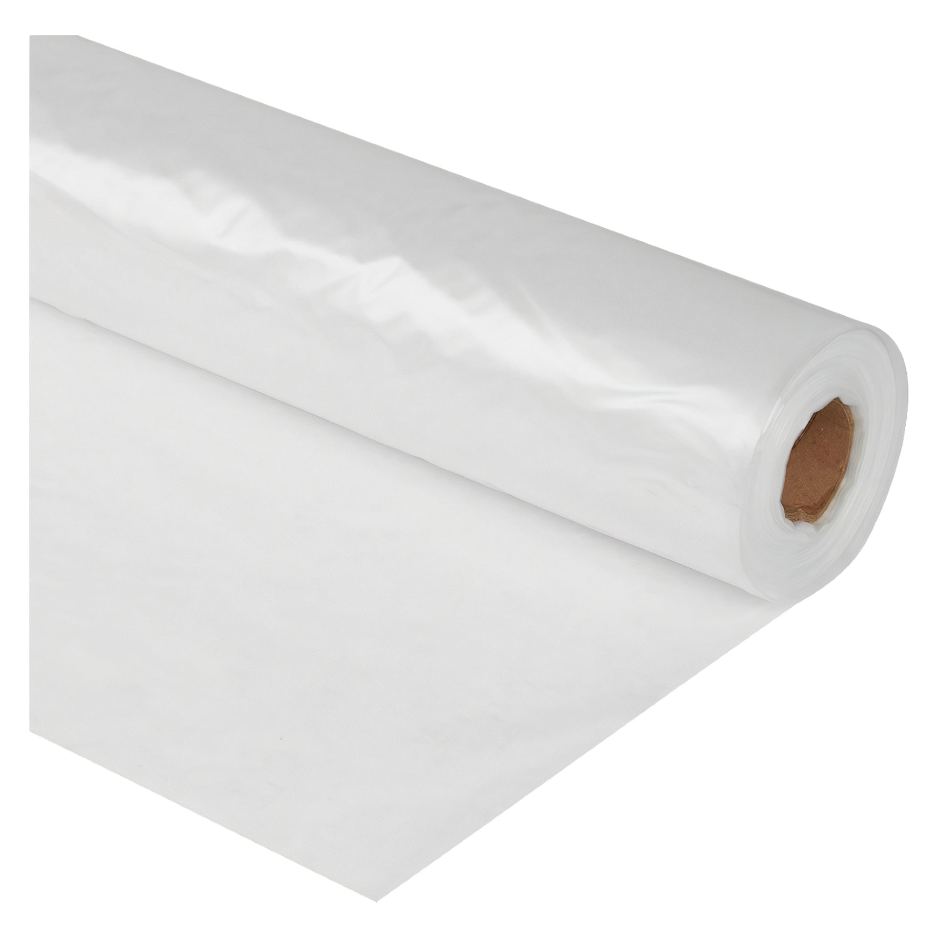 En delvis utrullad rulle Hard Head Plastic Sheeting visar dess släta, halvblanka vita yta. Den bruna kartongkärnan är synlig och materialet ligger platt.