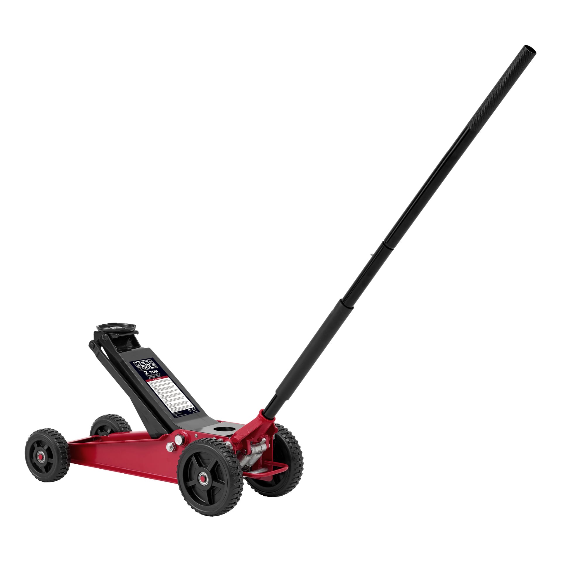 En "High lifting jack for SUV" från Meec Tools visas, med en röd hydraulisk kaross, ett förlängt svart handtag och fyra stadiga svarta hjul. Detta verktyg är lämpligt för att lyfta fordon under reparationer eller underhåll.