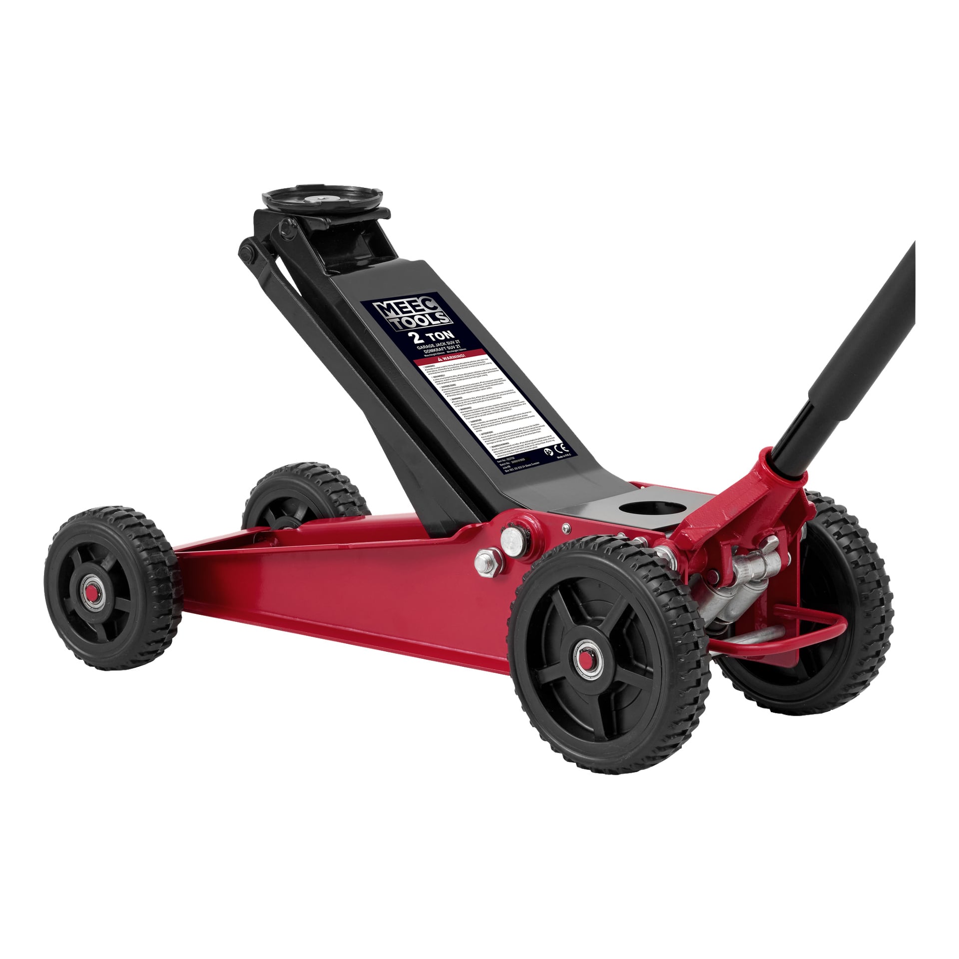 En röd och svart Meec Tools high lift-jack för SUV:ar, utrustad med fyra hjul, lyfthandtag, stabil stödbas och en etikett som anger 2-tons kapacitet.