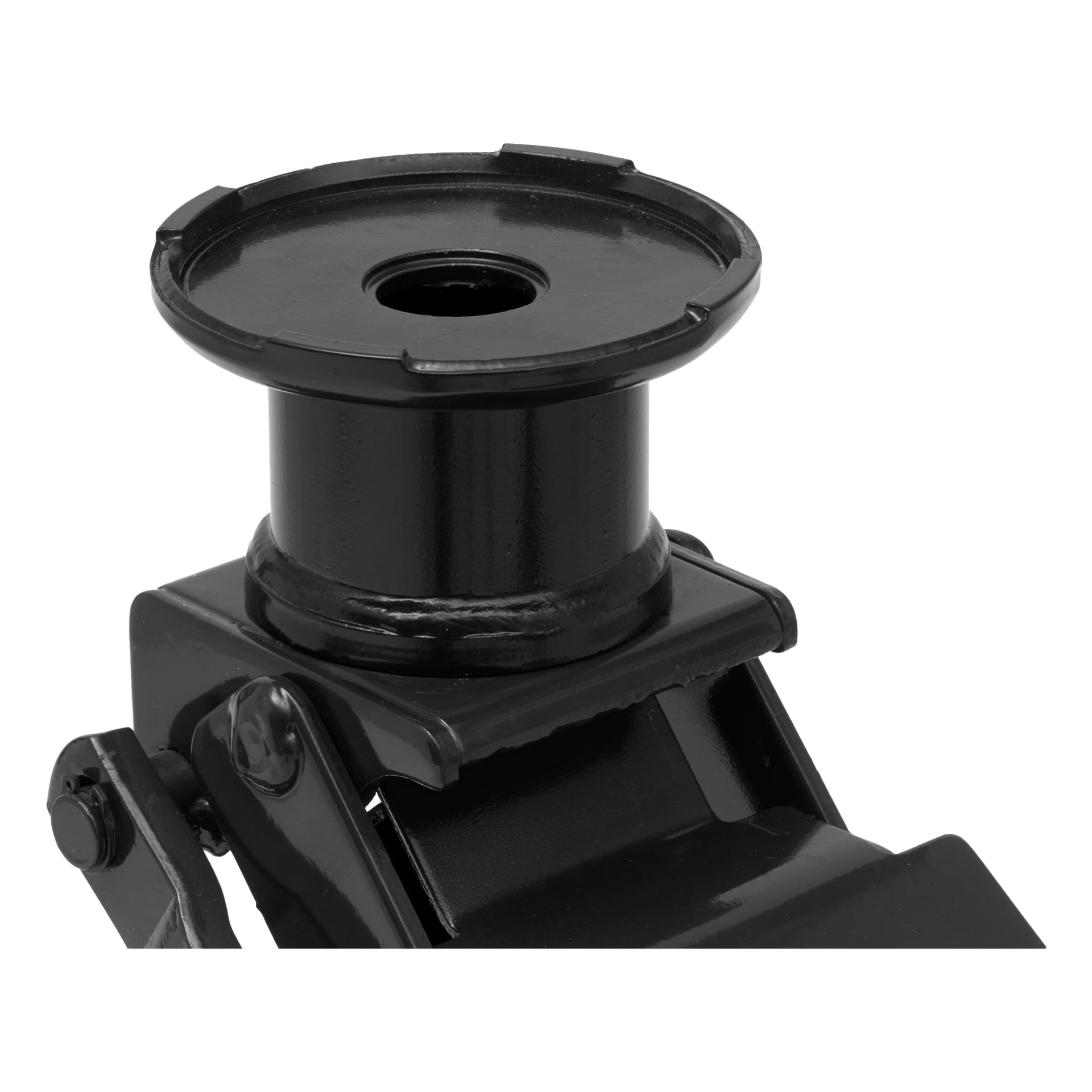 Detaljerad närbild av den övre delen av Meec Tools Adapter för SUV-domkrafter, som visar en svart metall rund sadel med ett centralt hål och hackade kanter, byggd för att stödja fordon ordentligt under reparationer eller underhåll.