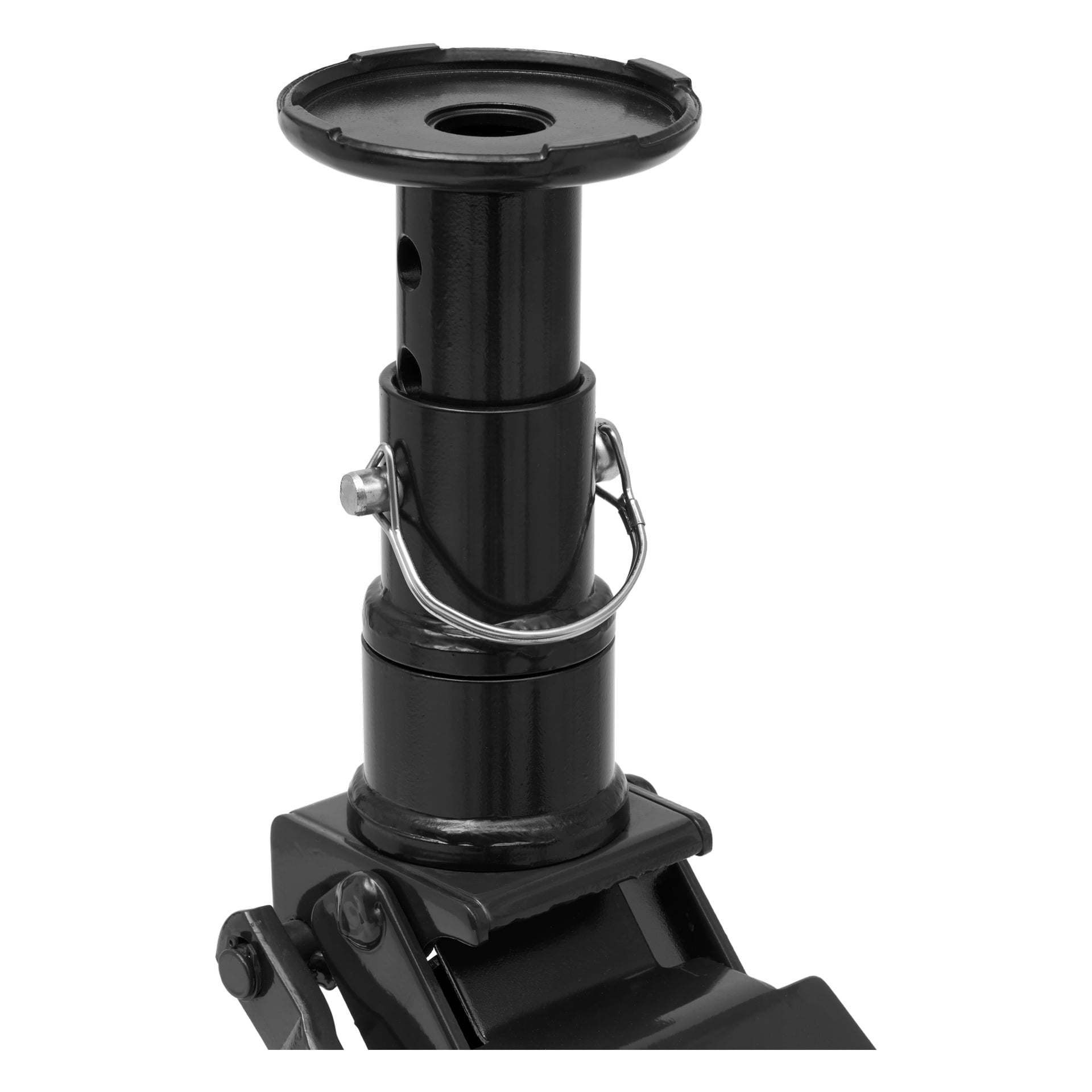 Närbild av Meec Tools Adapter för en SUV-domkraft av svart metall, med sin justerbara mittstolpe med flera hål för höjdinställningar och en fäststift. Både den robusta basen och stödplattformen är synliga.