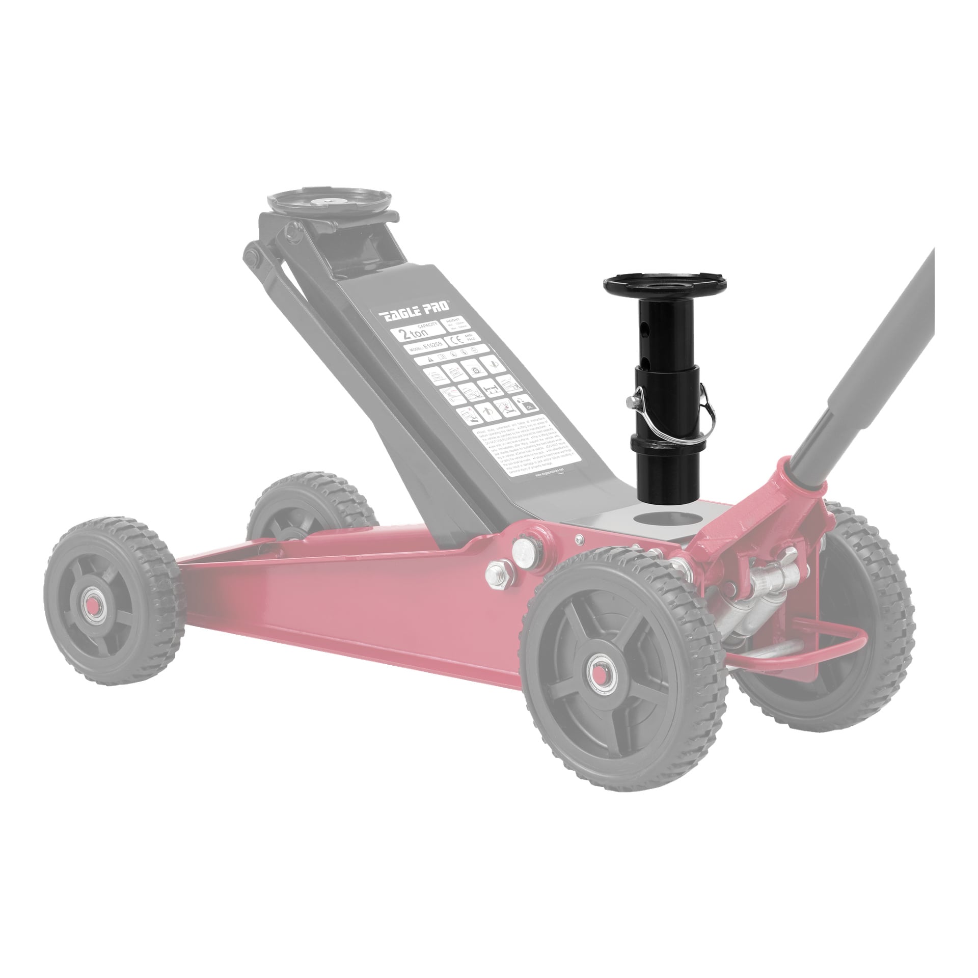 En Meec Tools-adapter för SUV-domkrafter sticker ut eftersom den sätts in i en röd hydraulisk golvdomkraft med fyra svarta hjul, medan resten av domkraften är blekt för att dra uppmärksamhet till adaptern.