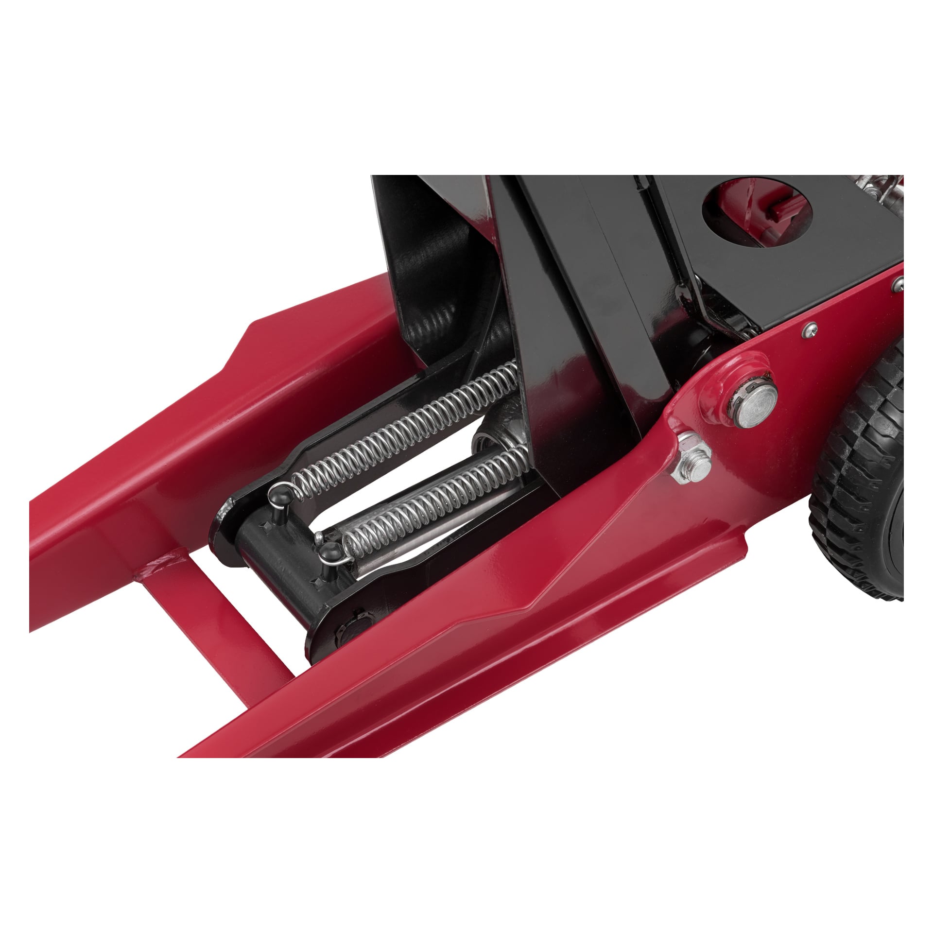 Detaljerad vy av Meec Tools High Lifting Jack designad för SUV:ar, med sin robusta röda metallram, exponerade fjädrar, bultar och en svart lyftarm. Fokus ligger på domkraftens solida konstruktion och detaljerade mekaniska funktioner.