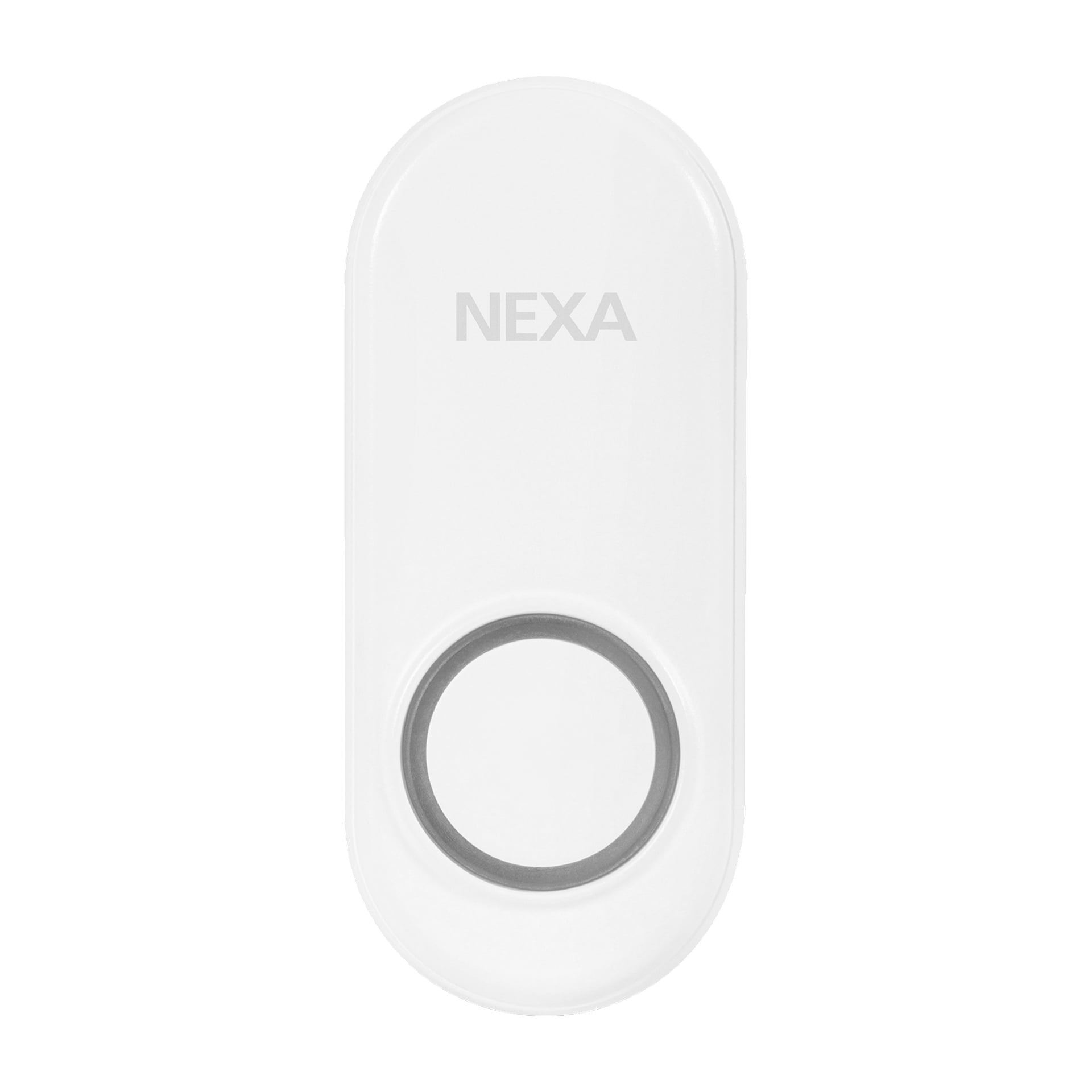 En vit rektangulär Nexa-dörrklocksknapp med släta, rundade kanter och varumärket visades ovanför en cirkulär knapp med grå konturer.