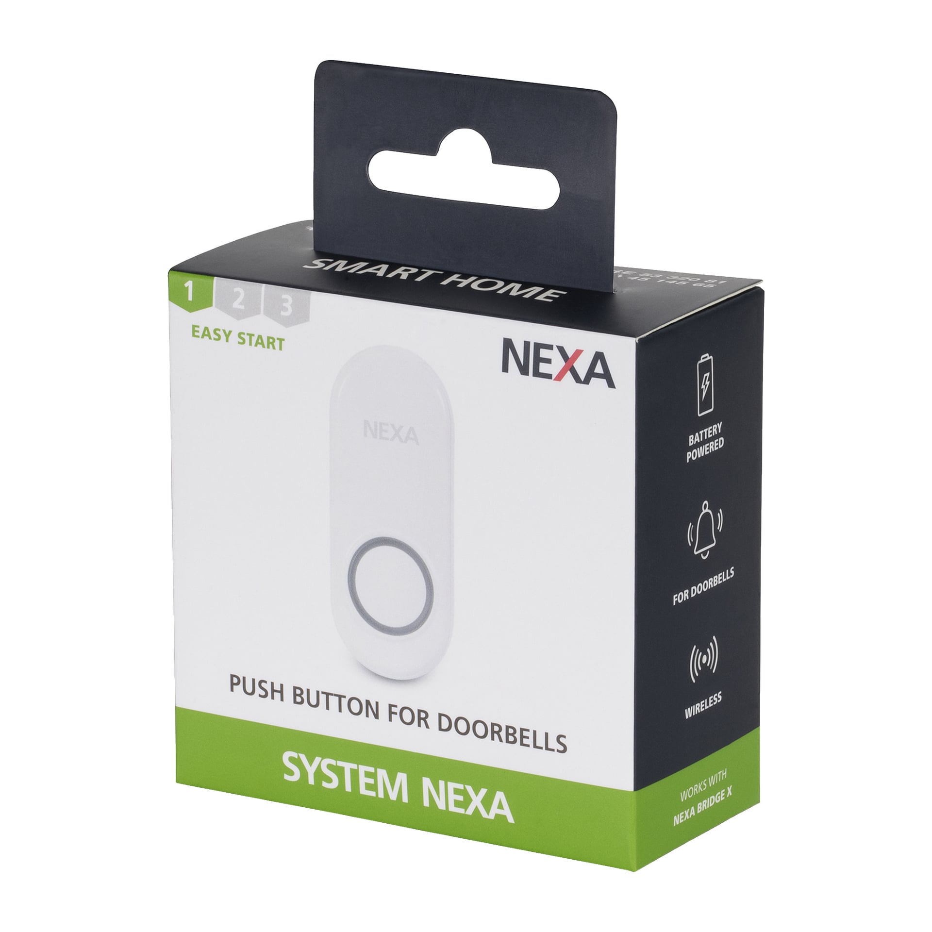 En Nexa Pushbutton för dörrklockans butikslåda med svarta och gröna färger, som visar produkten och lyfter fram viktiga funktioner som batteridrift, trådlös funktion och smart hem-stöd.